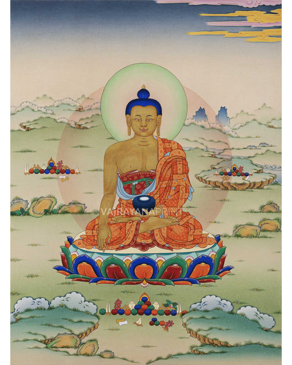 Seated Shakyamuni Buddha Thangka Print | Historical Buddha Tibetan Poster For Meditation