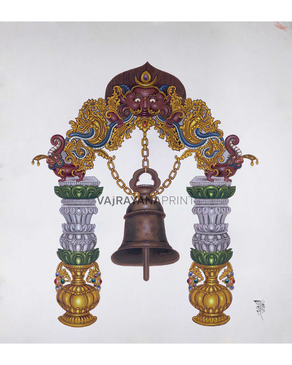 Traditional Bell Art Print For Room Decoration | Newari Paubha Print For Wall Hanging, Room Decor