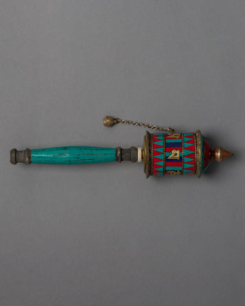 Buddhist Prayer Wheel with Precious Stone Carvings