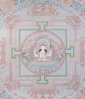 Chegrezig Mandala Thangka | Hand Painted covered with Pure Silver
