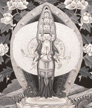 Avalokiteshvara Thangka flanked by Green and White Tara | Original Hand Painted Black & White Newari Style Bodhisattva Thangka