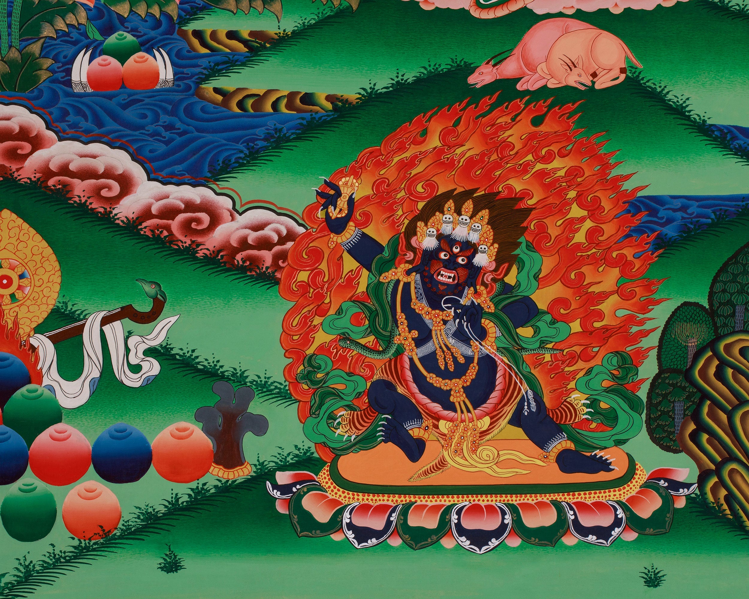 Divine Thangka of Chenrezig | Avalokiteshvara, 5 Dhyani Buddhas, White Tara, Green Tara, Manjushri & Vajrapani