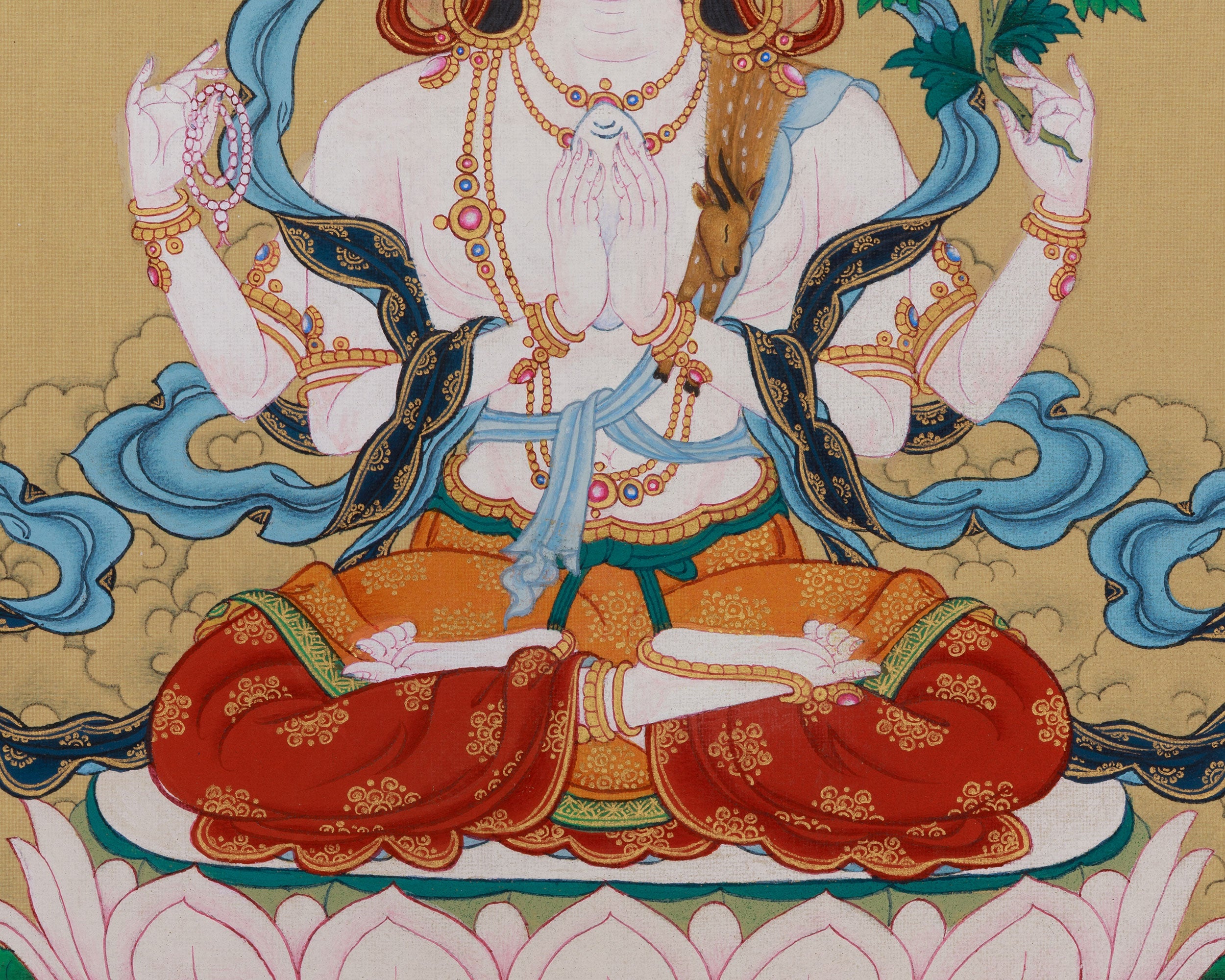 Tibetan Chenrezig with Amitabha Buddha Art | Avalokiteshvara Thangka