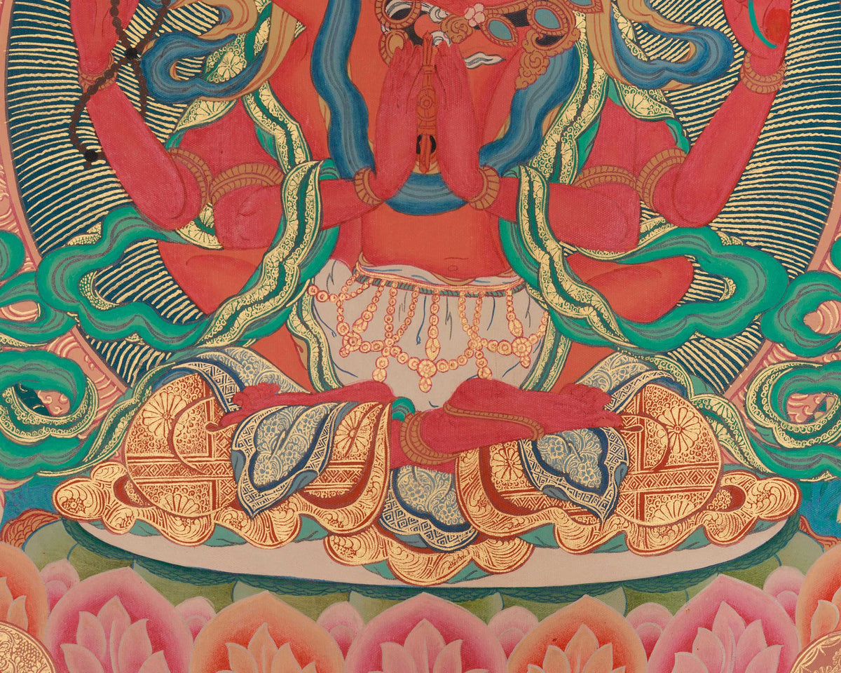 Traditional Thangka of Red Chenrezig | Gyalwa Gyasto with Consort