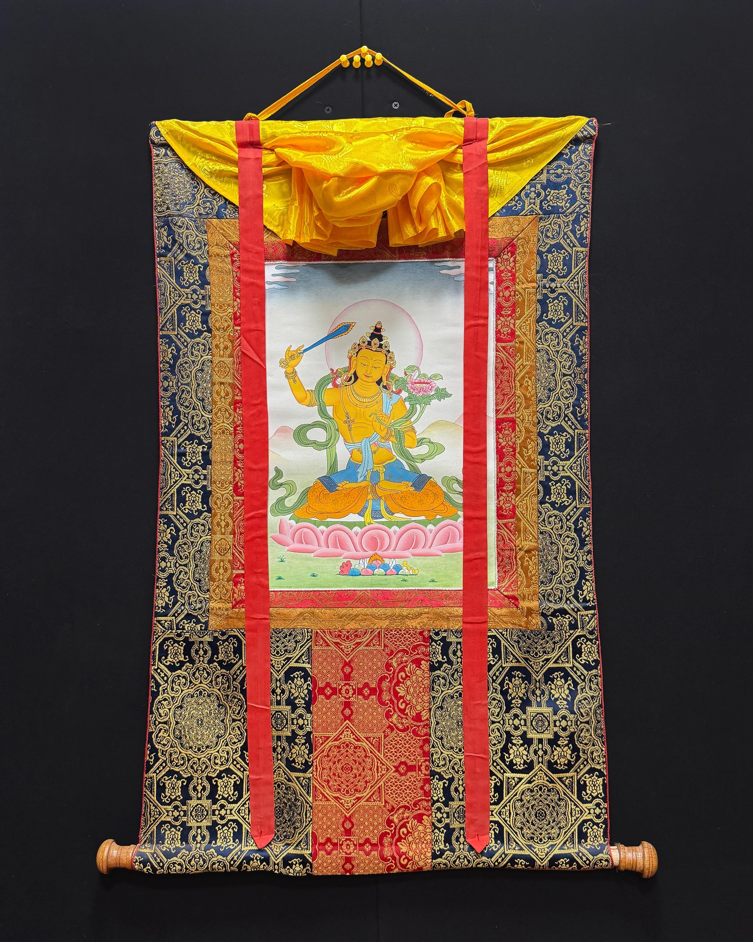 Manjushri Thangka With Brocade | Enlightened Protector of Knowledge
