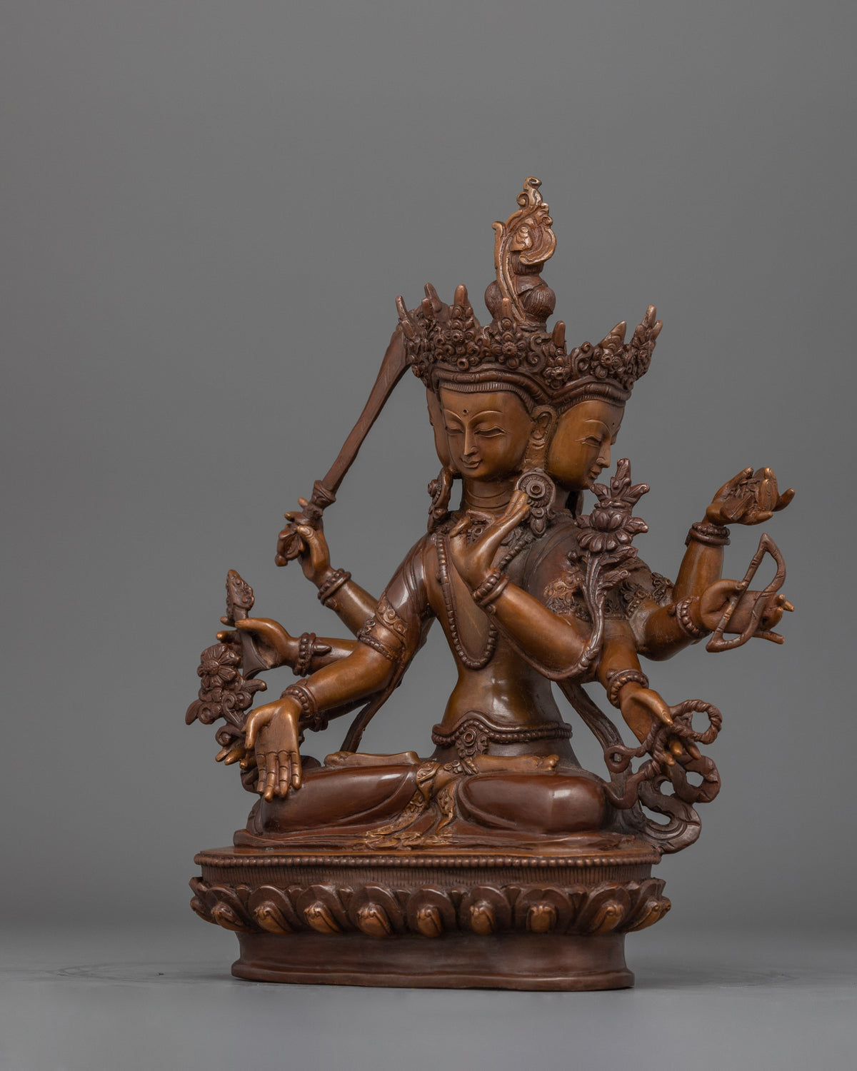 Traditional Tri- Faced Maha Manjushri Sculpture | Religious Himalayan Zen Artwork