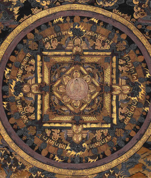 Old Pure Gold and Black Vintage Buddha Mandala | Rare Hand-Painted Thangka Painting