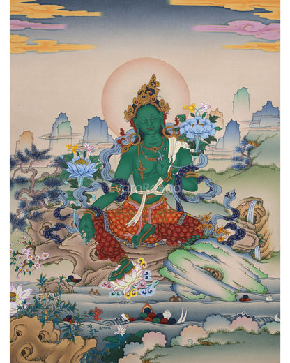 Green Tara Guru Giclee Print For Tara Practice | Tibetan Poster For Living Room Decor