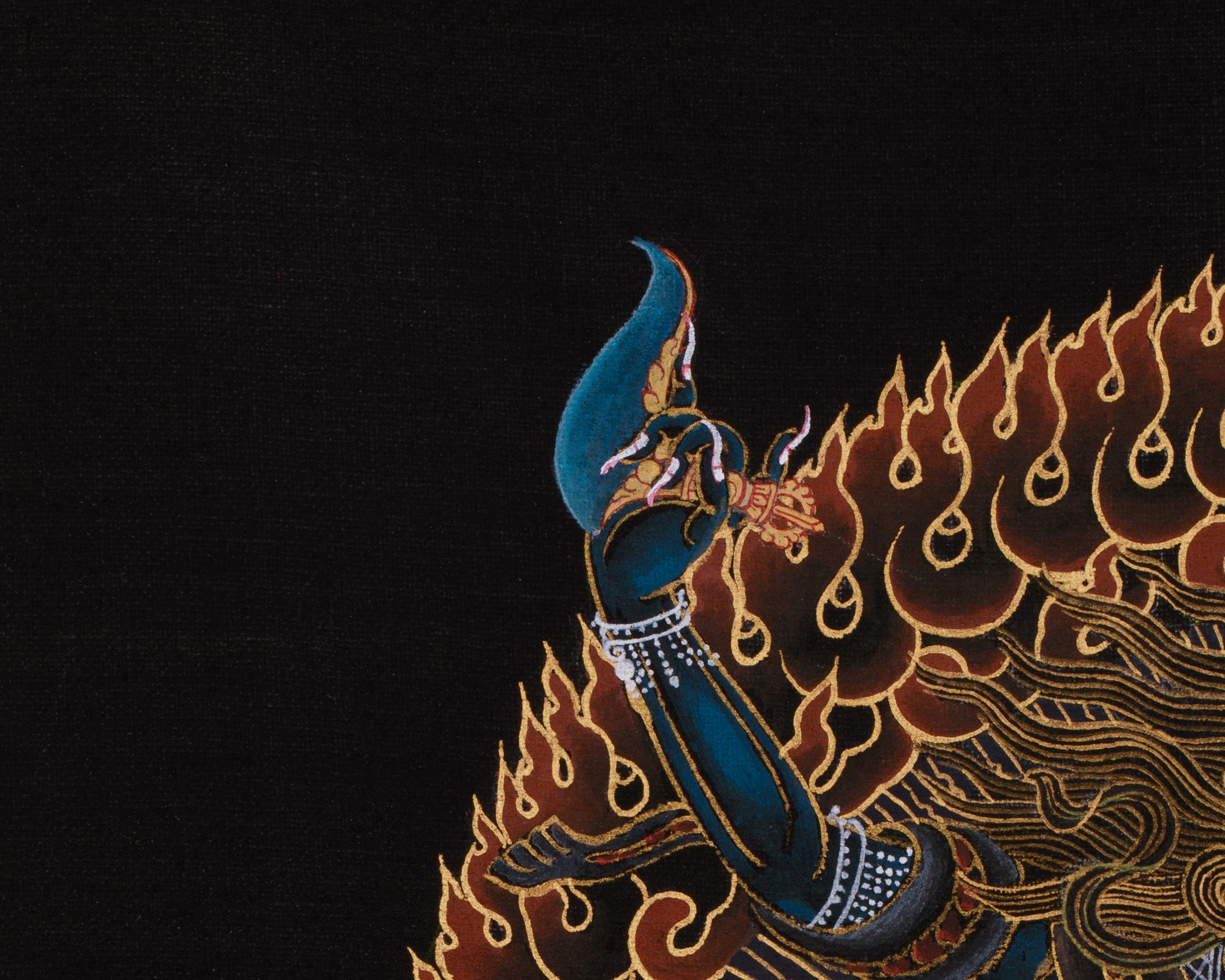 Black and Gold Wrathful Deity Simhamukha | Lion-Headed Dakini Thangka