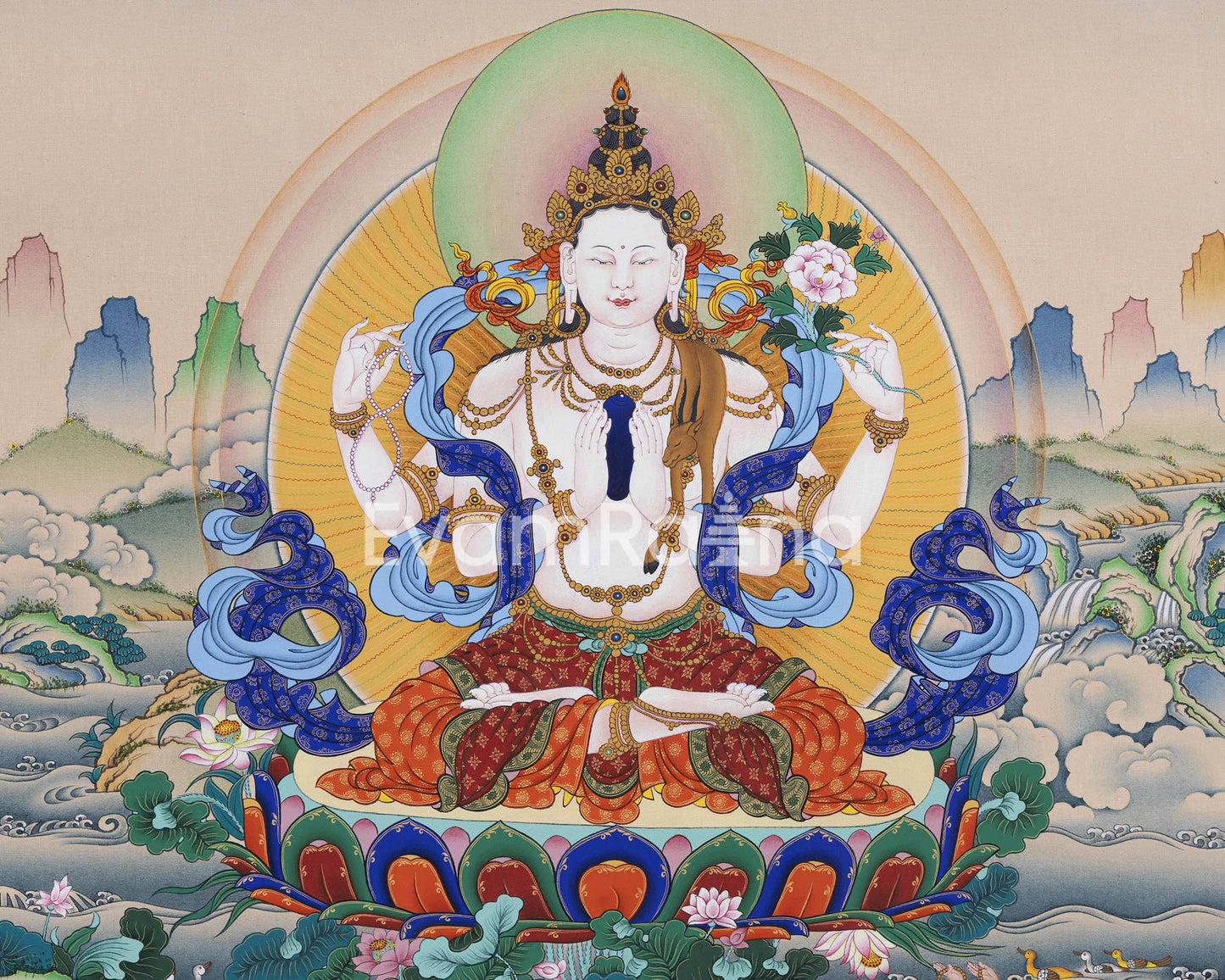 Tibetan Canvas Print For Chenrezig Mantra Practice | Four-Armed Avalokitesvara Giclee Print