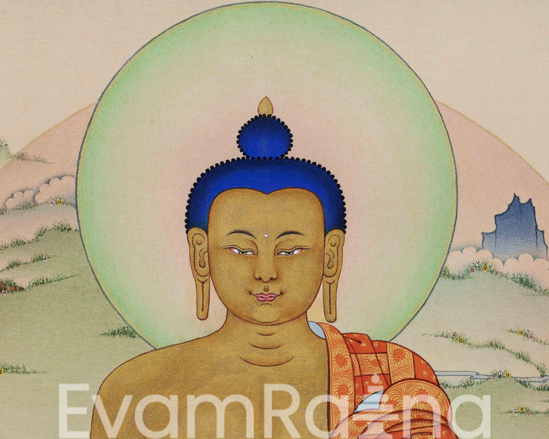 Seated Shakyamuni Buddha Thangka Print | Historical Buddha Tibetan Poster For Meditation