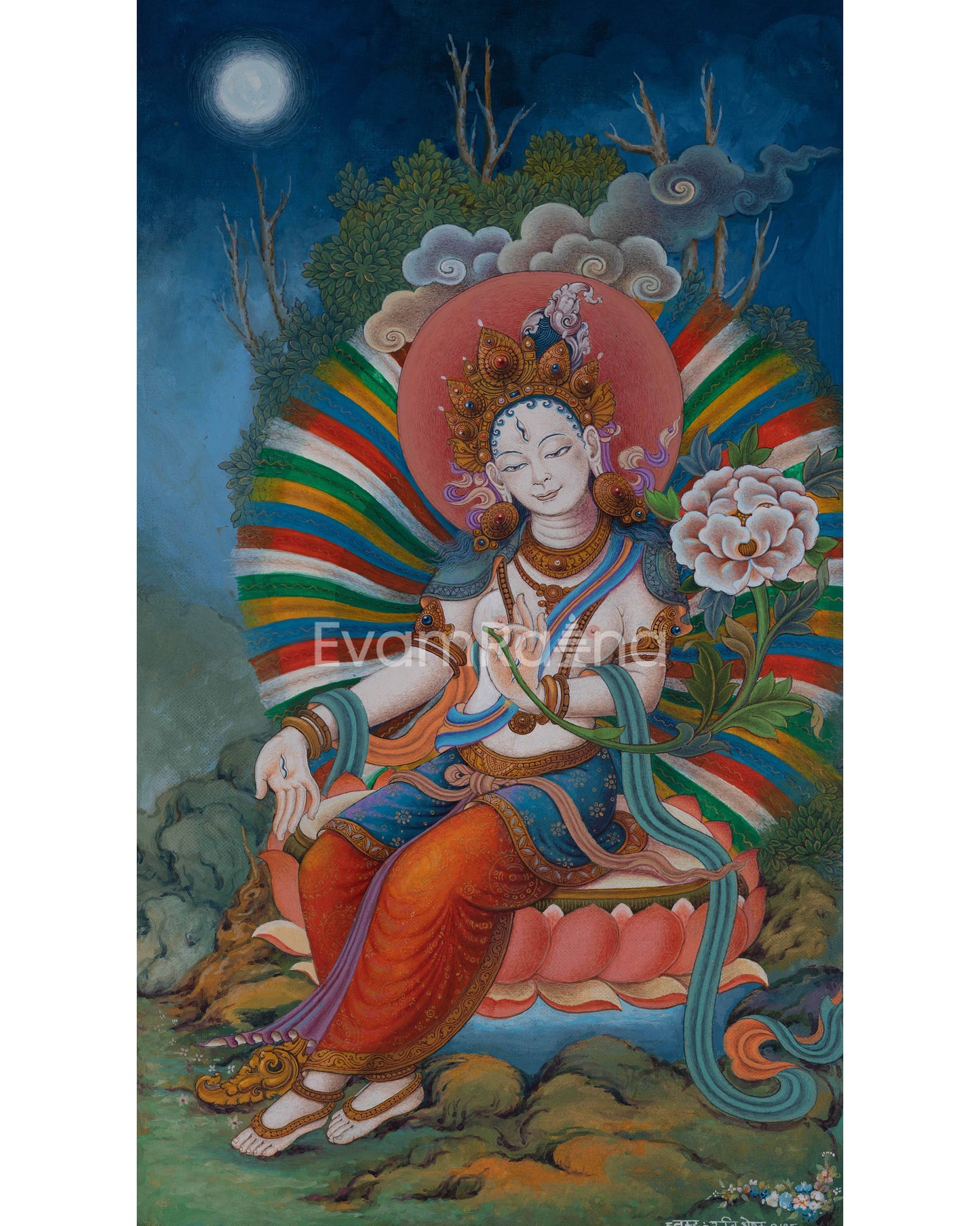 White Tara Goddess Buddhism Thangka Print For Prayers