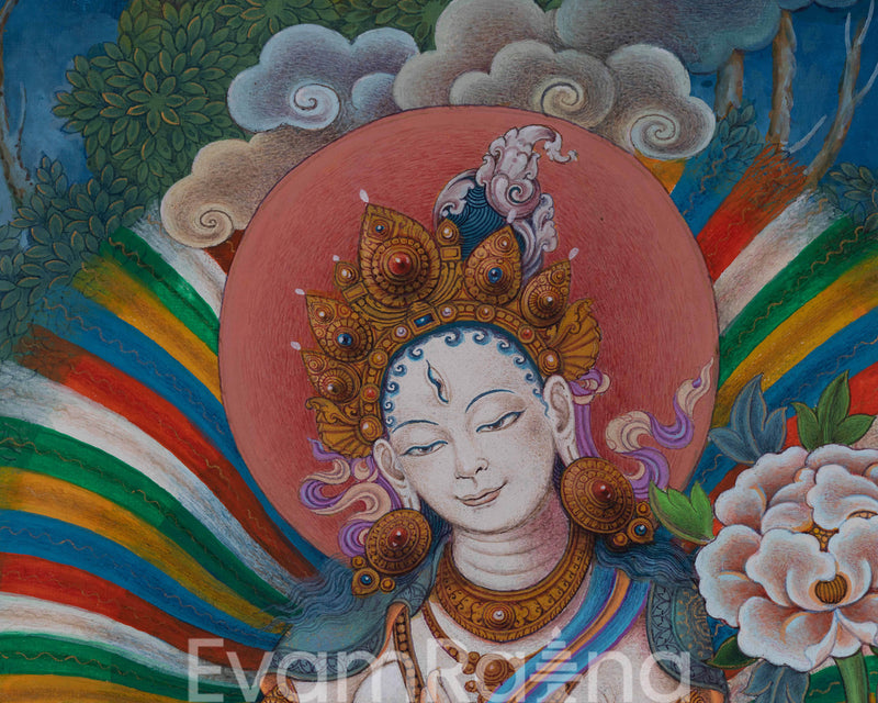 White Tara Goddess Buddhism Thangka Print For Prayers | The Female Buddha Art Canvas