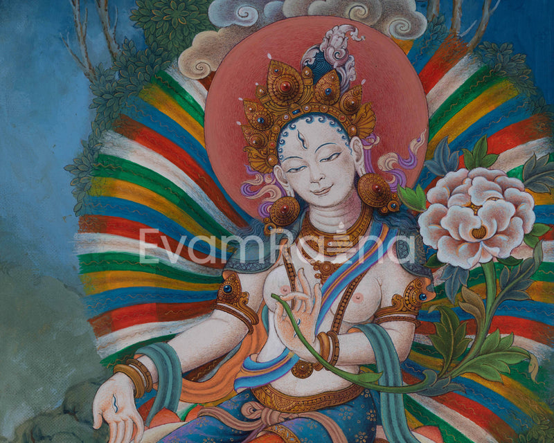 White Tara Goddess Buddhism Thangka Print For Prayers | The Female Buddha Art Canvas