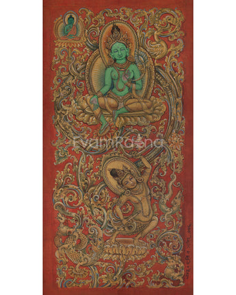 Mother Tara with Amoghasiddhi Thangka Print For Green Mantra Practice 