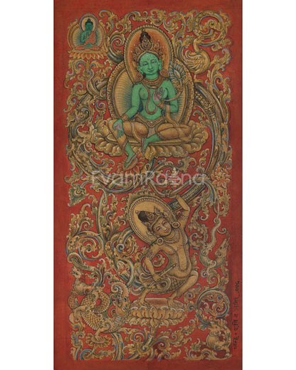 Mother Tara with Amoghasiddhi Thangka Print For Green Mantra Practice 