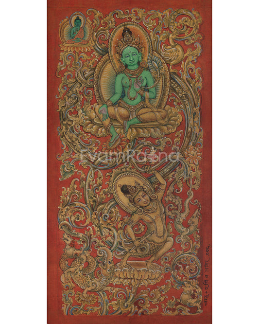 Mother Tara with Amoghasiddhi Thangka Print For Green Mantra Practice 