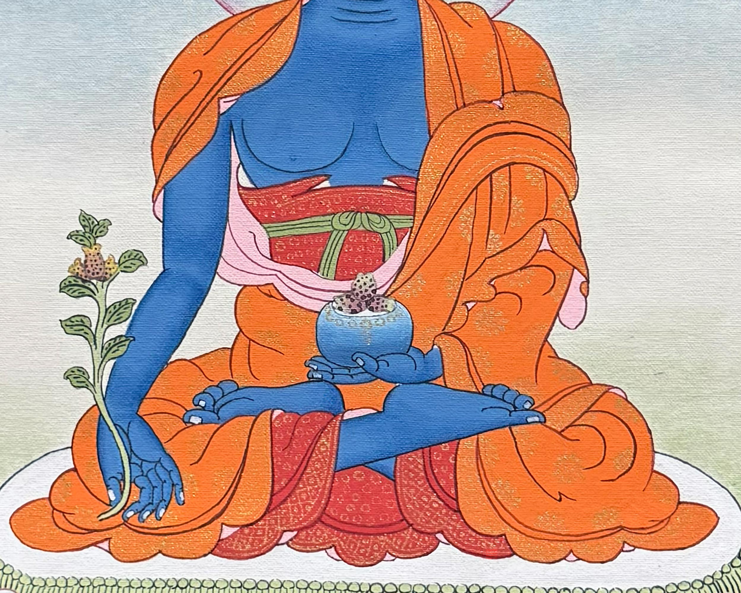 Medicine Buddha Meditation Thangka With Brocade | Bhaisajyaguru Art