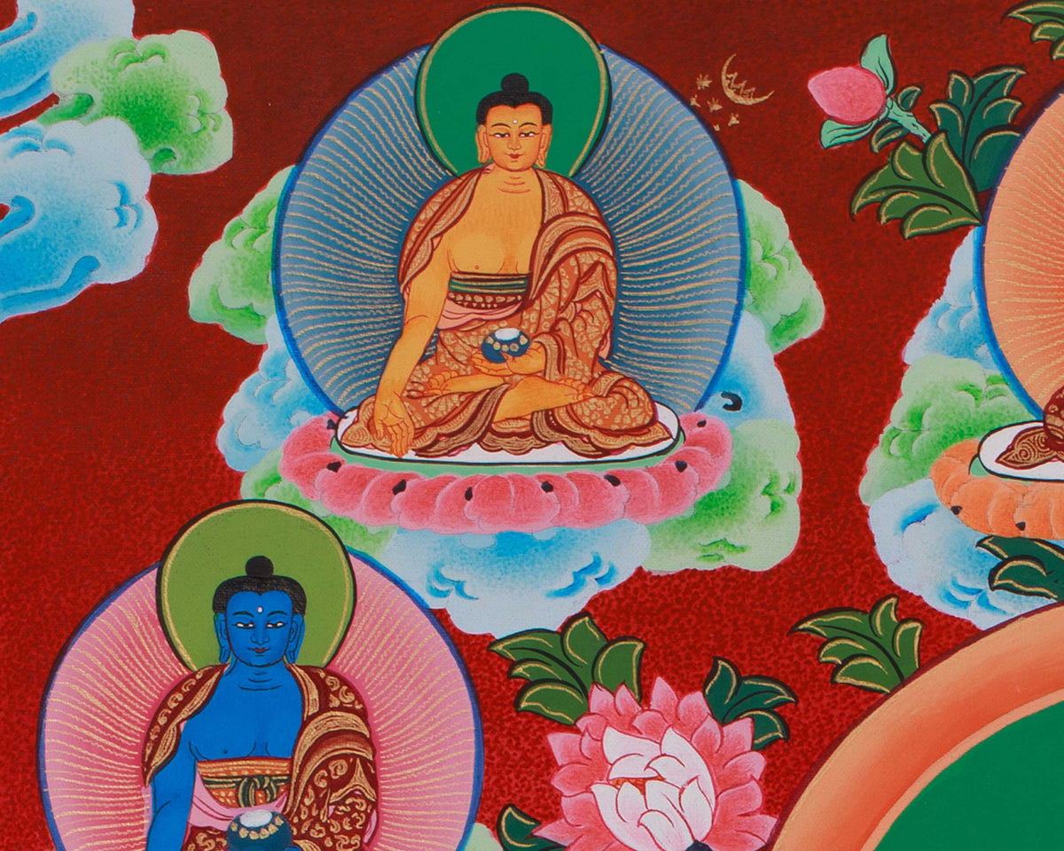 Namgyalma with Five Dhyani Buddhas White Tara and Amitayus | A Sacred Thangka of Longevity and Purification
