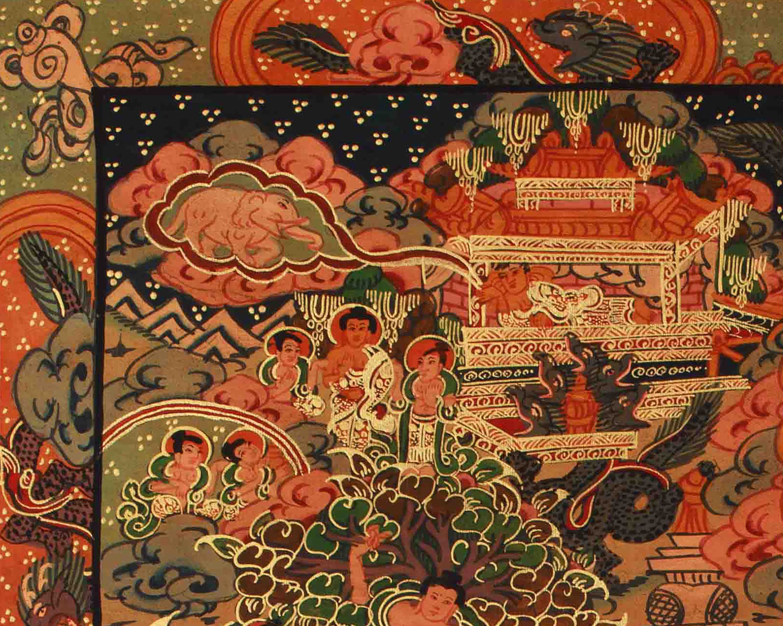 Sacred Buddha Life Story Art | Birth, Enlightenment, and Teaching of Dharma Thangka