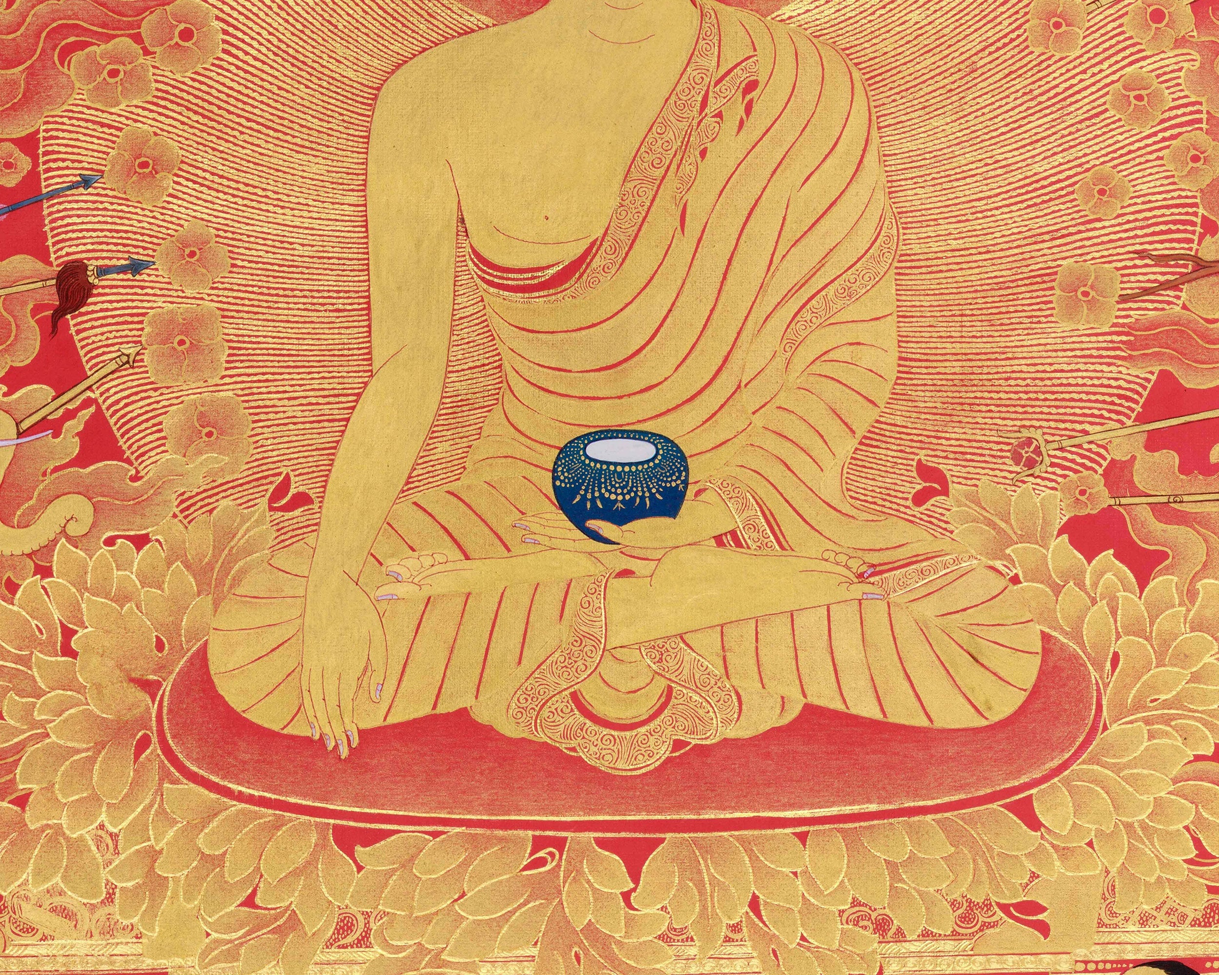 Buddhist Demon "Maras" and Shakyamuni Buddha Thangka | 24k Gold Embellished
