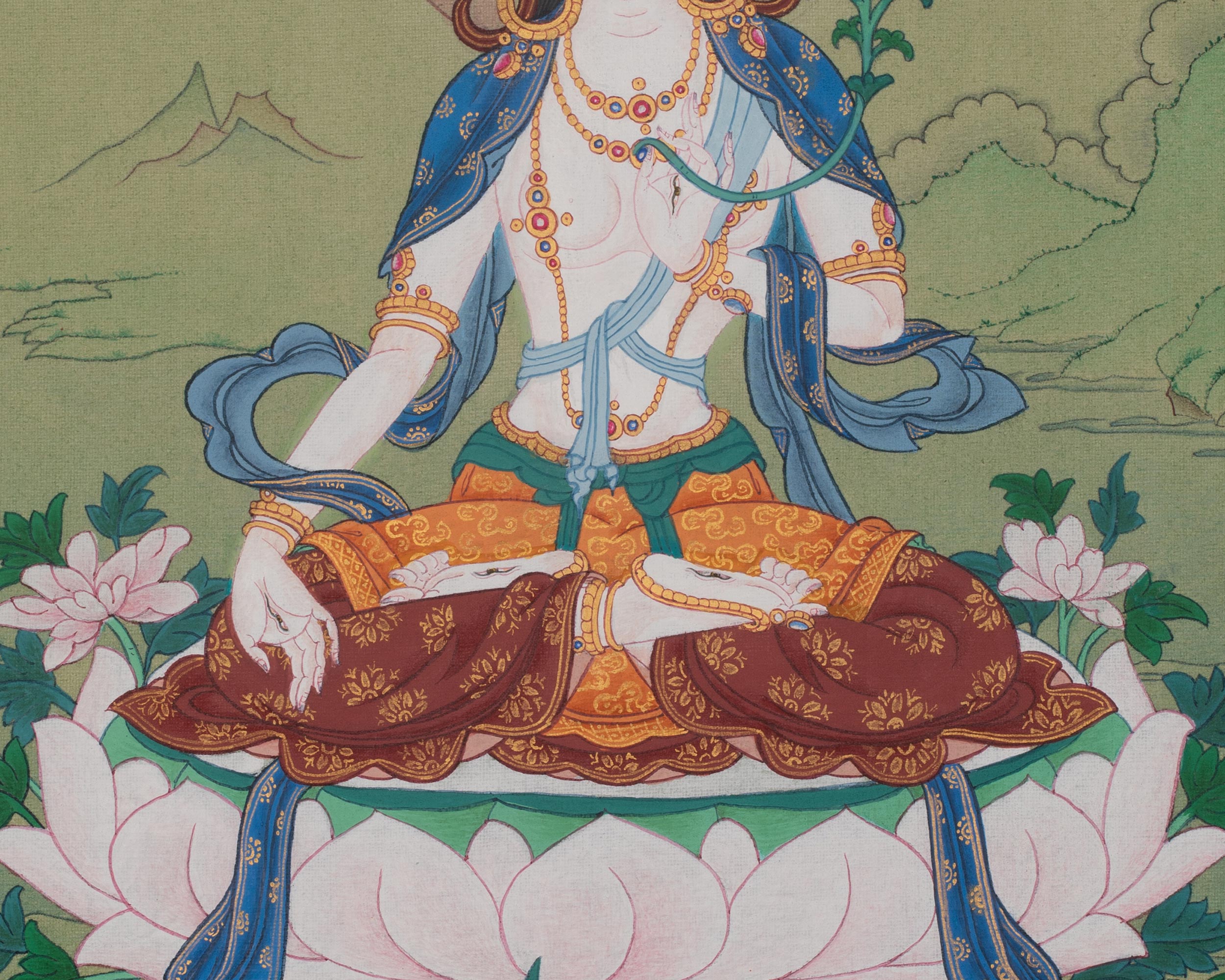 White Tara Tibetan Artwork | Seven Eyed Deity | Meditation Altar | Revered Female Buddha
