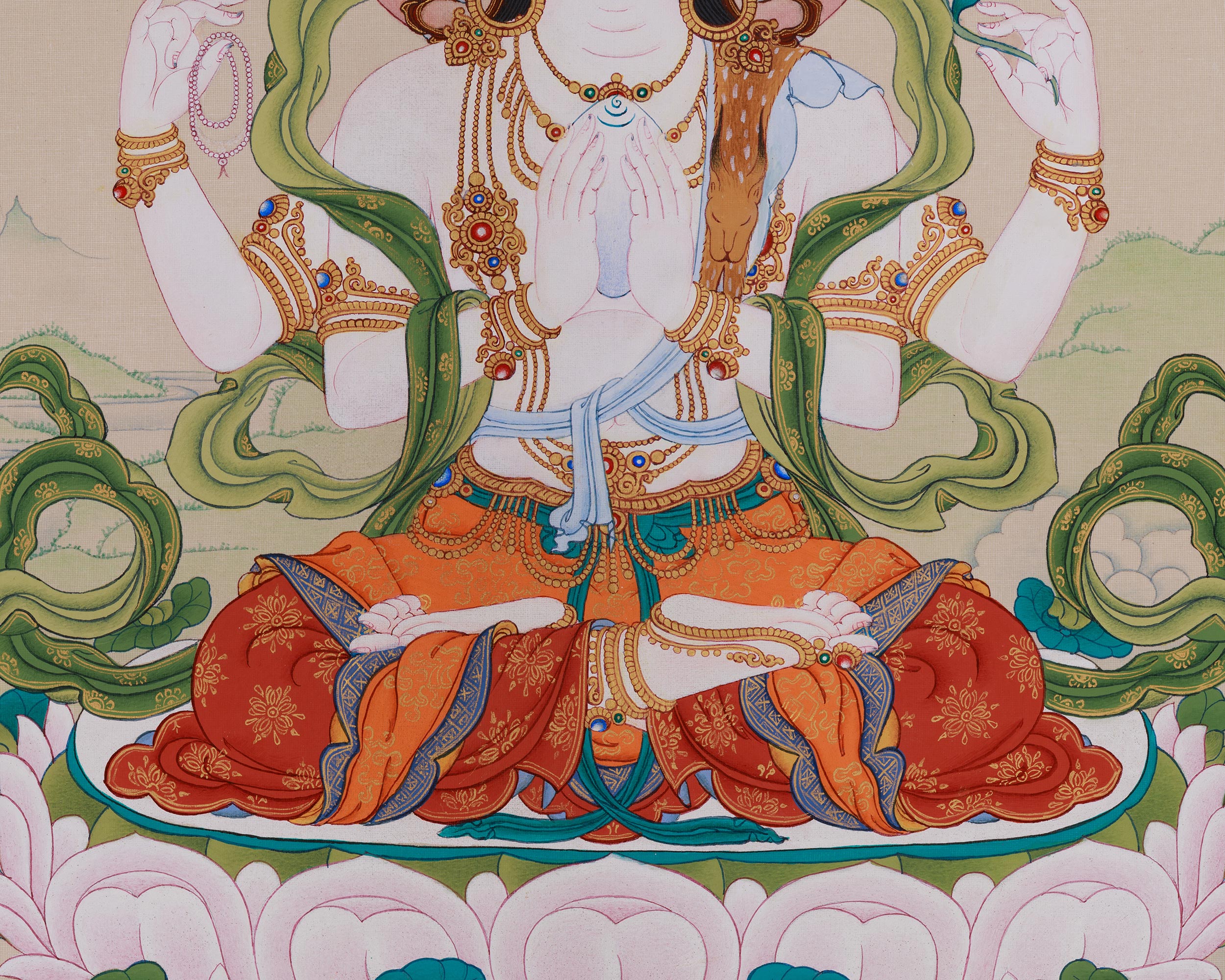 Sacred Thangka Of Four-Armed Chenrezig | Avalokiteshvara Art | Meditation Altar
