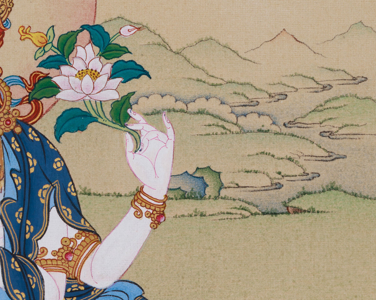Four-Armed Chenrezig Buddha Thangka | A Symbol of Compassion | Includes Brocade