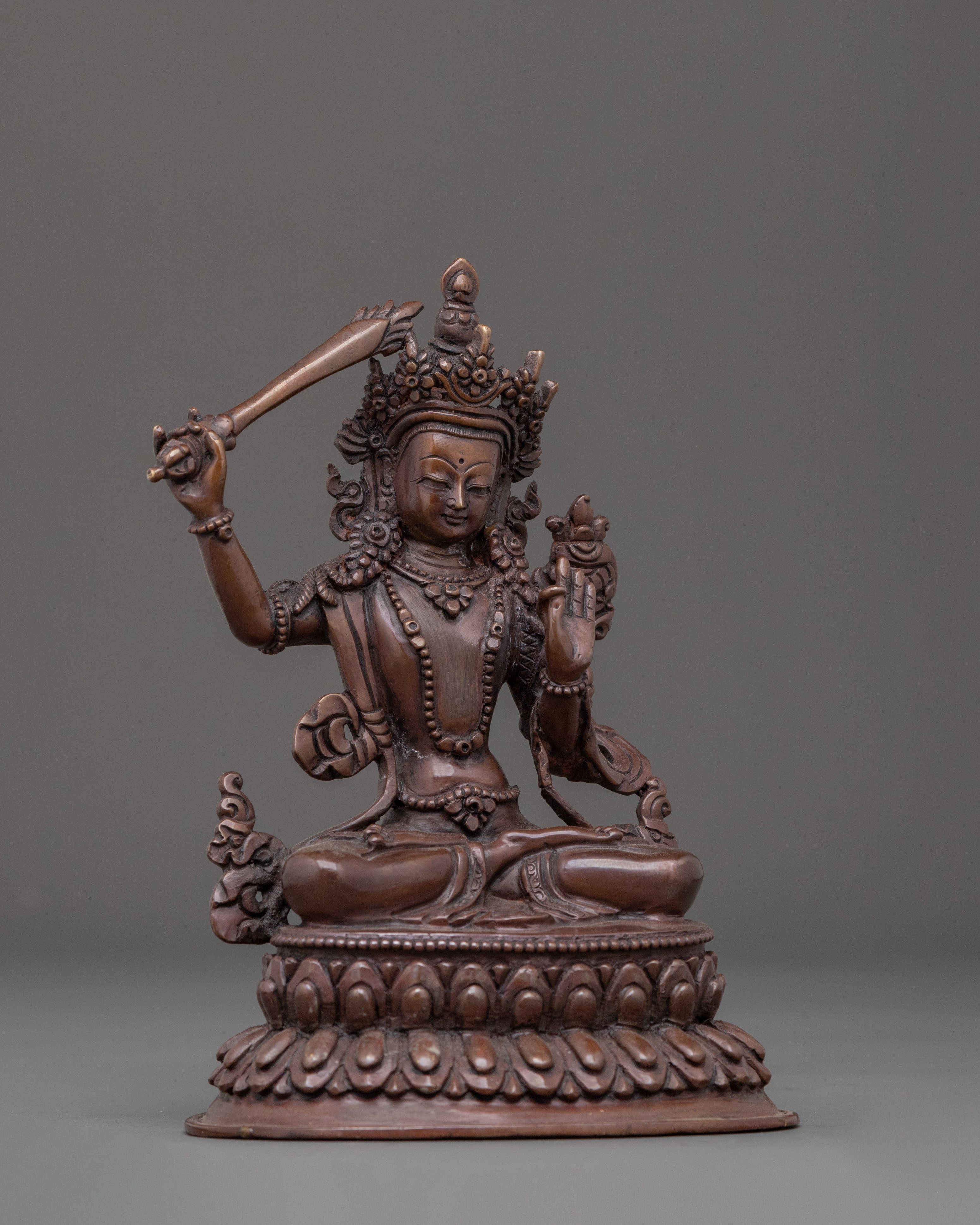 Handmade Manjushri Oxidized Copper Statue | Buddhist Wisdom Art