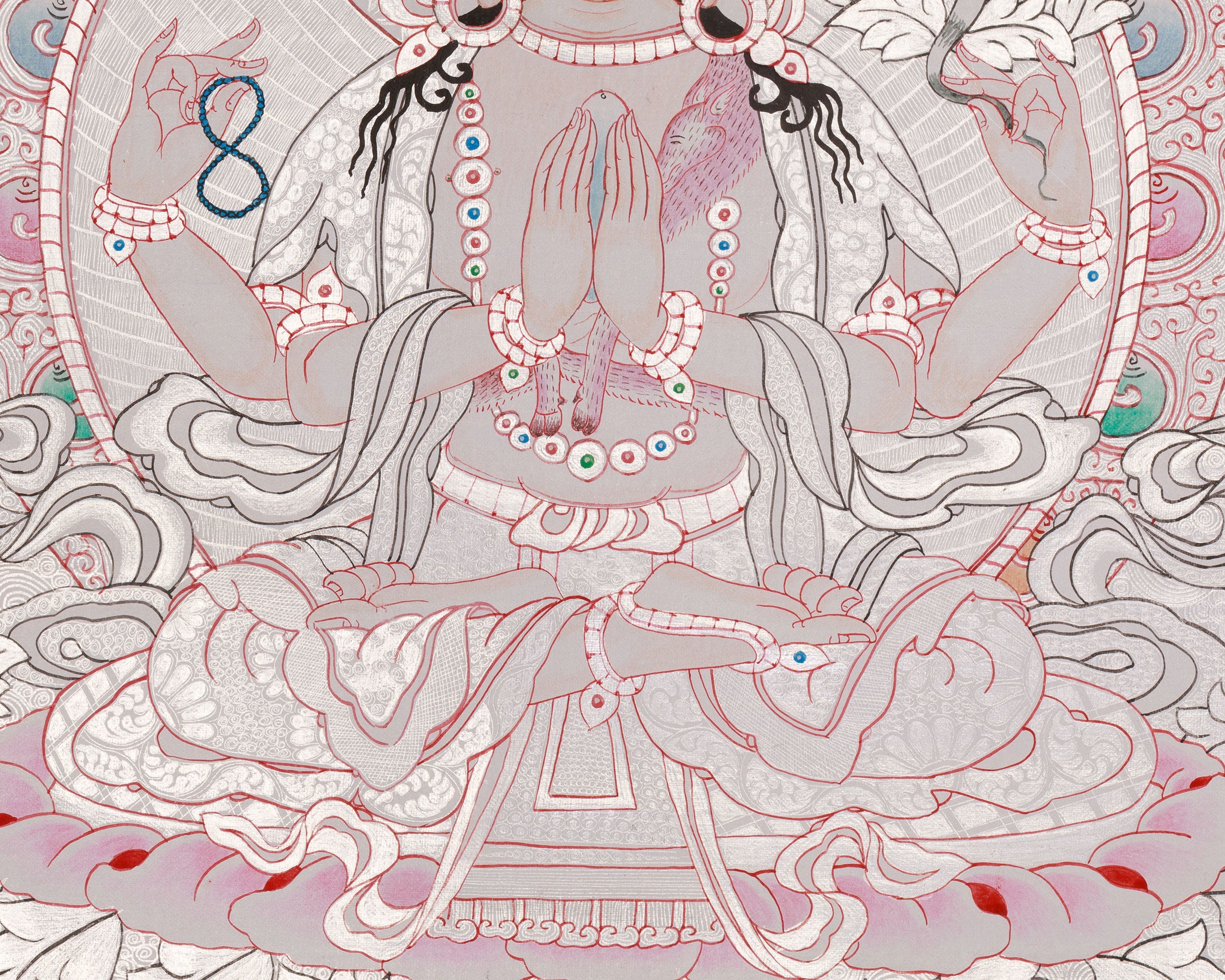 Spiritual Four-Armed Chenrezig Thangka | Avalokiteshvara Art | Meditation Altar