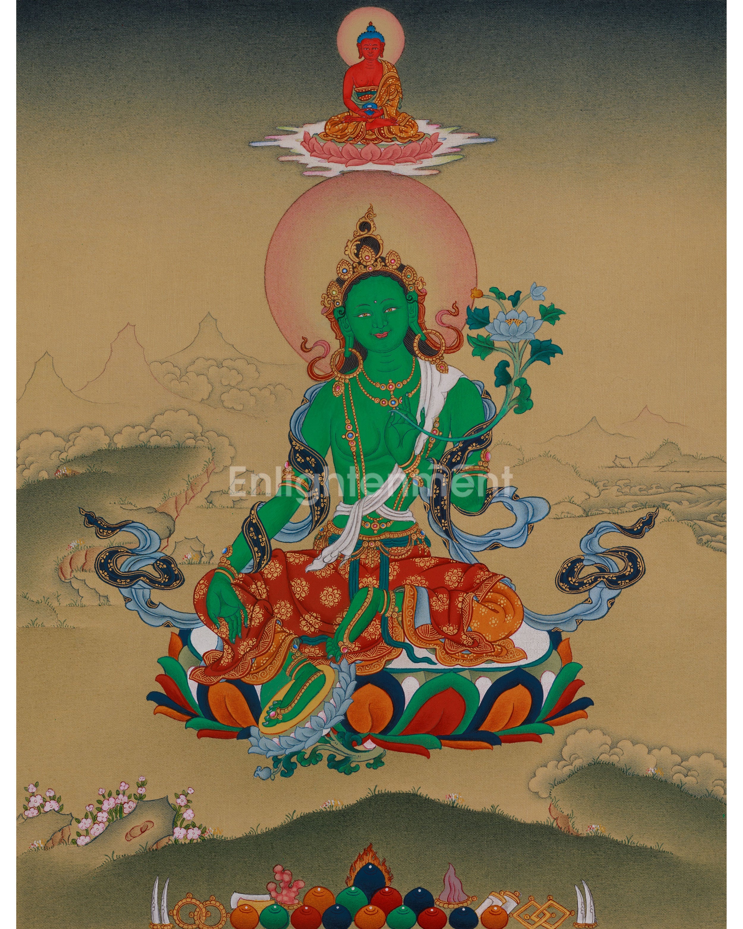 Green Tara With Amitabha Buddha Thangka
