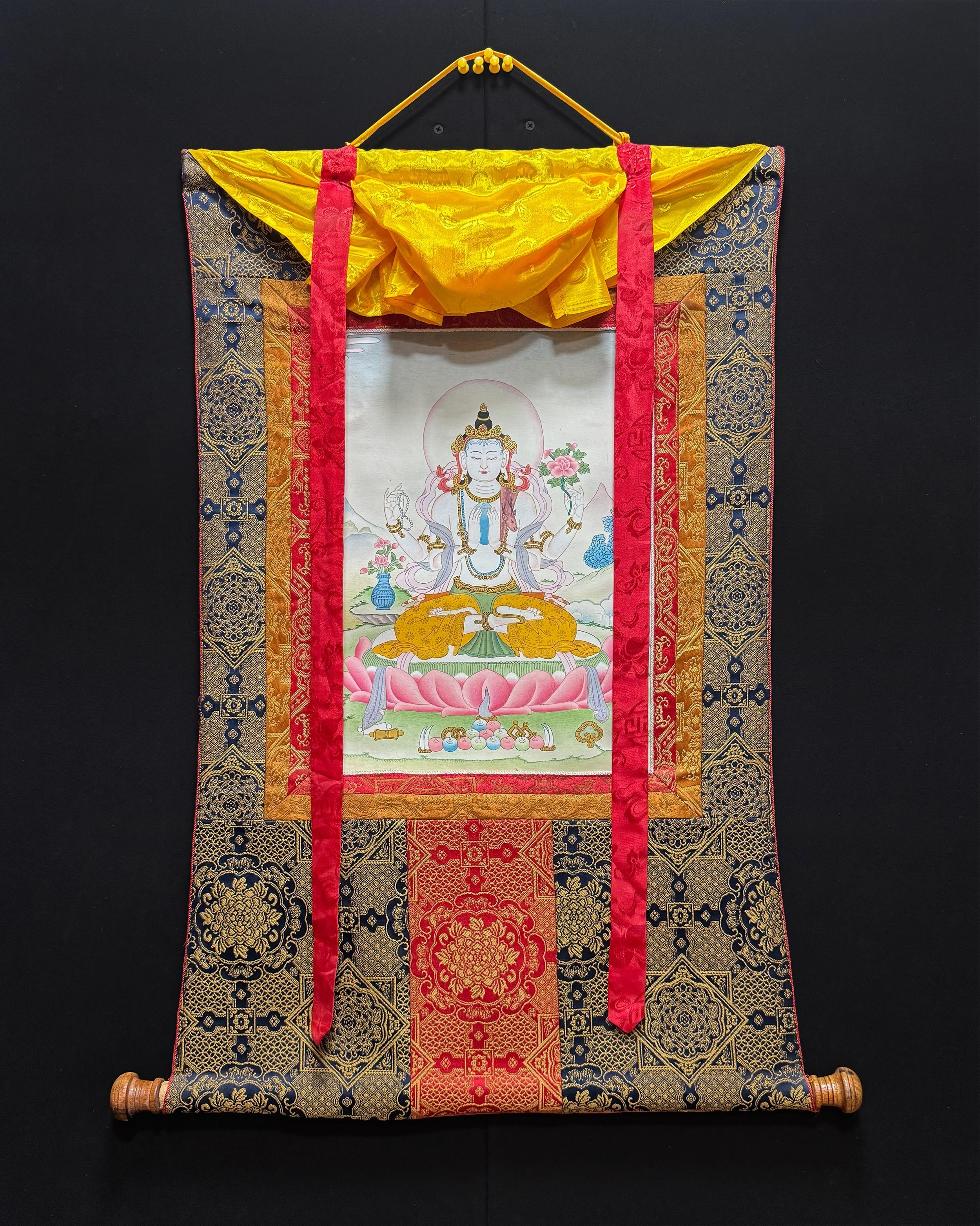 Chenrezig Thangka With Brocade | Embodiment of Universal Love