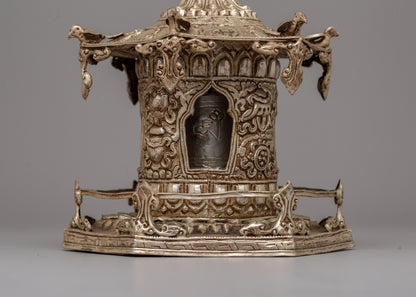 Silver Plated Prayer Wheel | Buddhist Meditation Tool for Prayers and Blessings