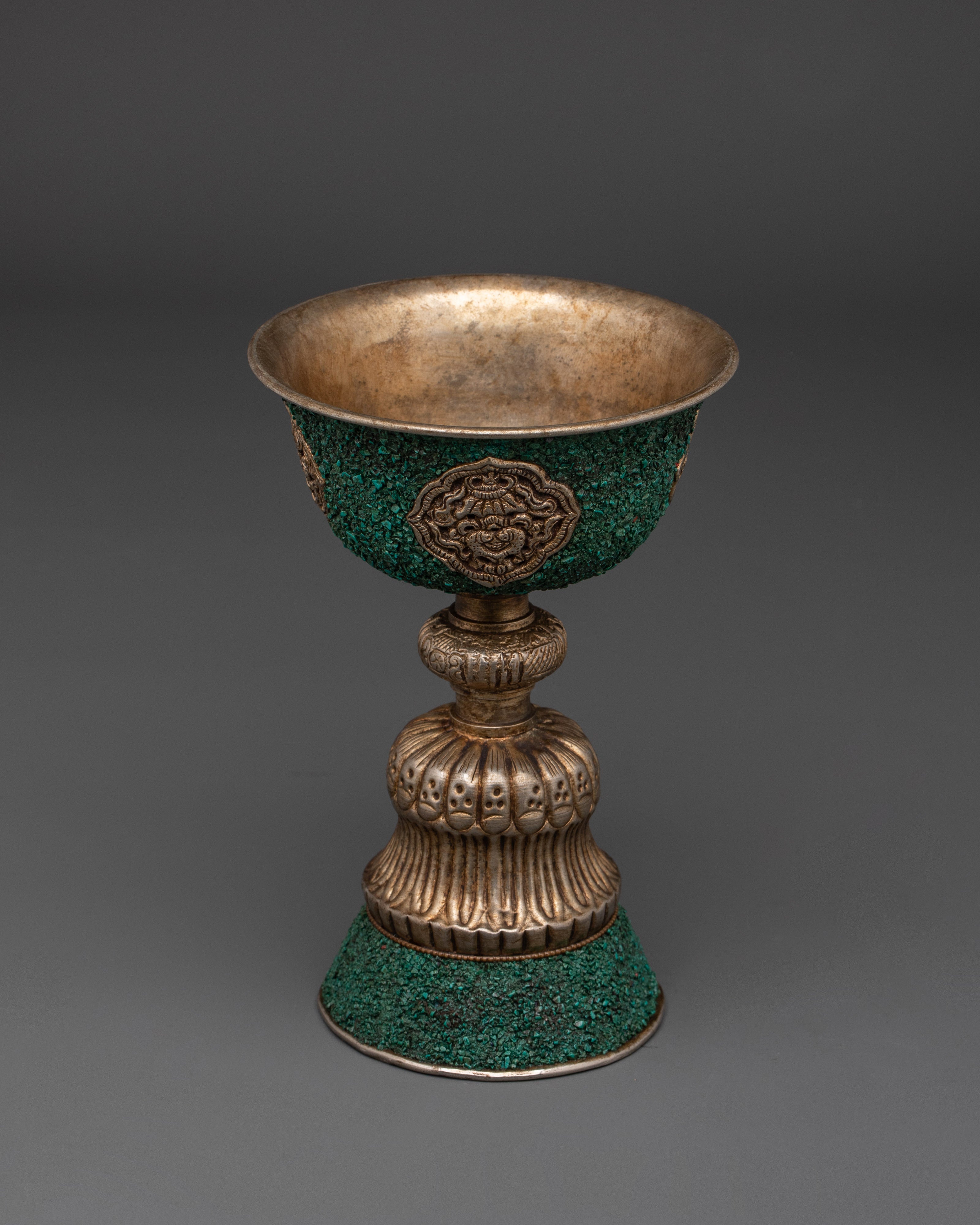 Temple Butter Lamp with Turquoise Inlay | Copper Ritual Light for Buddhist Altar