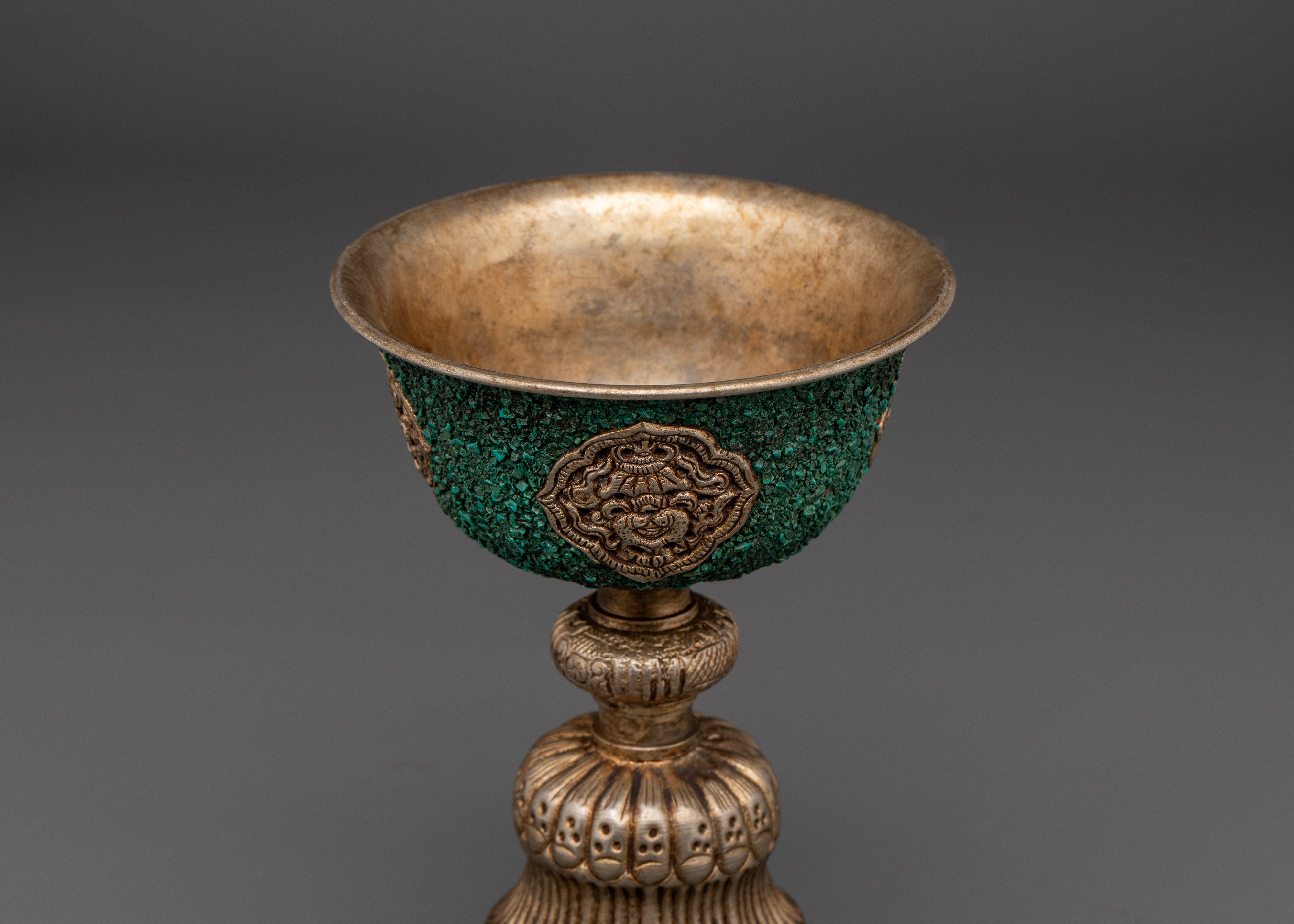 Temple Butter Lamp with Turquoise Inlay | Copper Ritual Light for Buddhist Altar