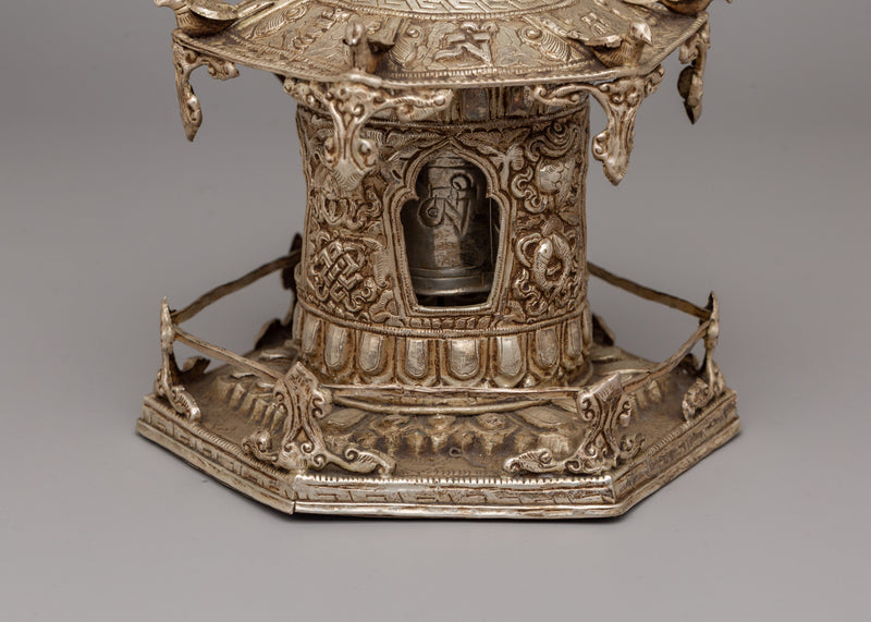 Silver Plated Prayer Wheel | Buddhist Meditation Tool for Prayers and Blessings