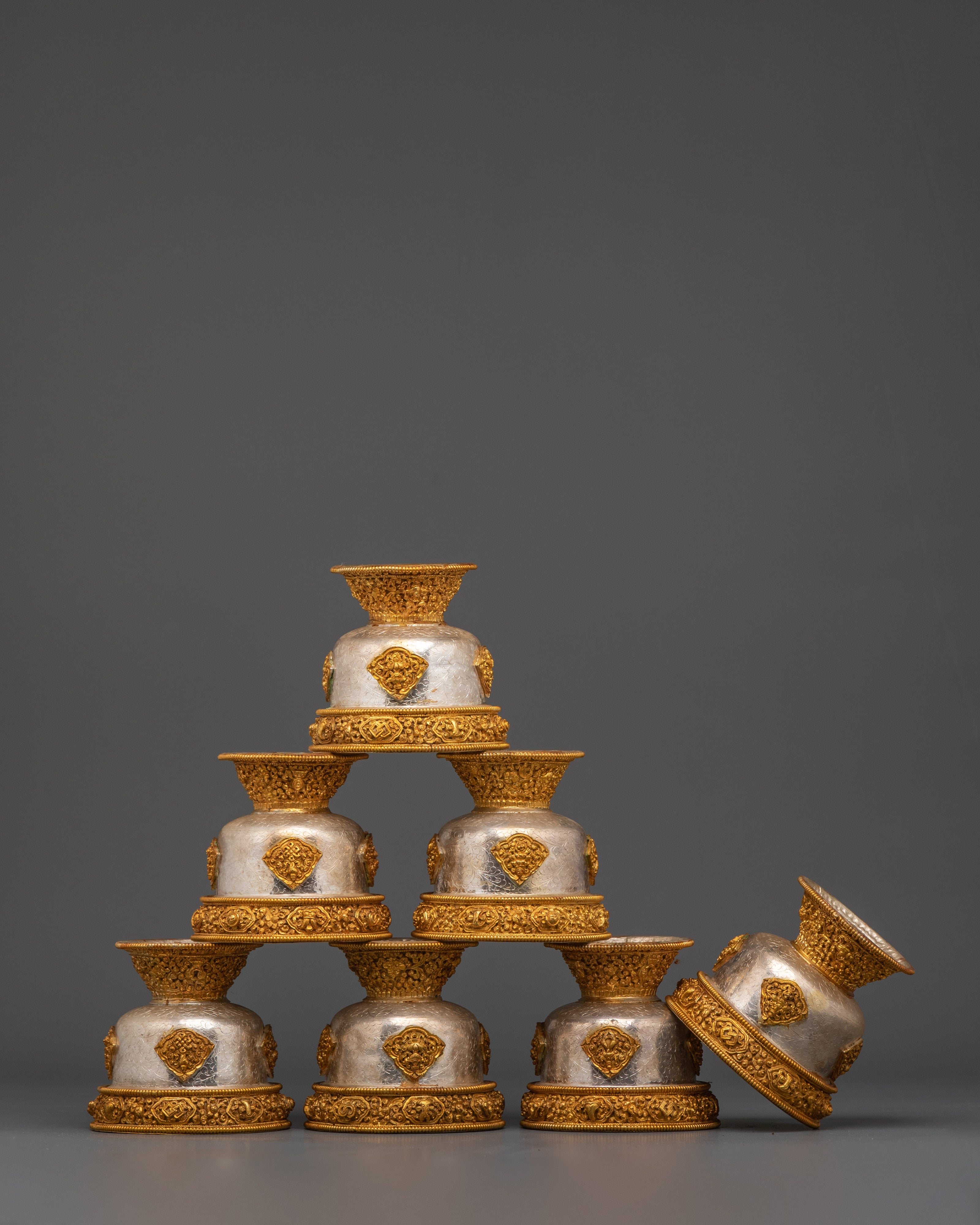 Handcrafted Buddhist Silver Offering Bowl Set for Altar Rituals & Meditation Practices