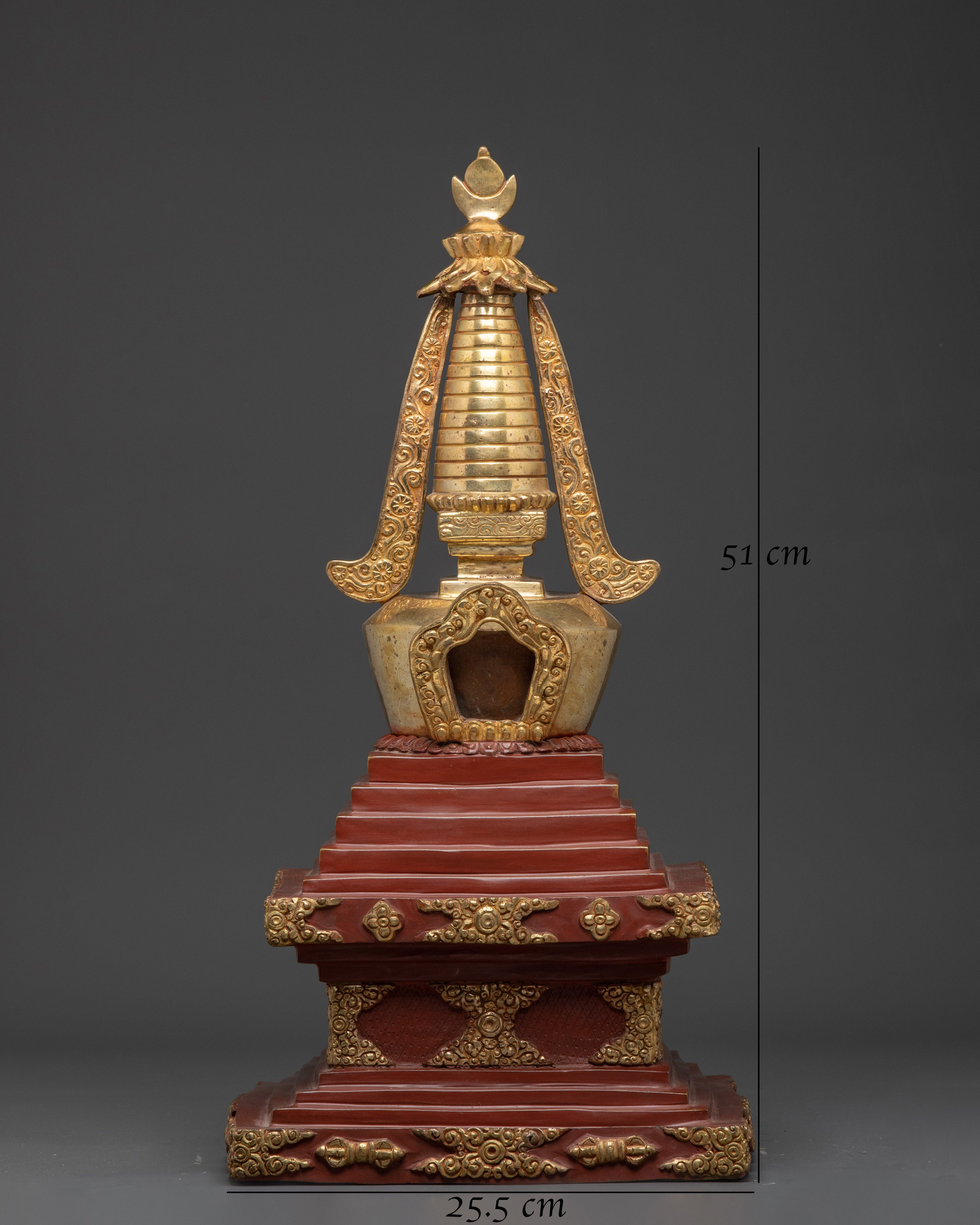 Gilded Tibetan Buddhist Stupa | Red and Gold Shrine Artifact for Temple