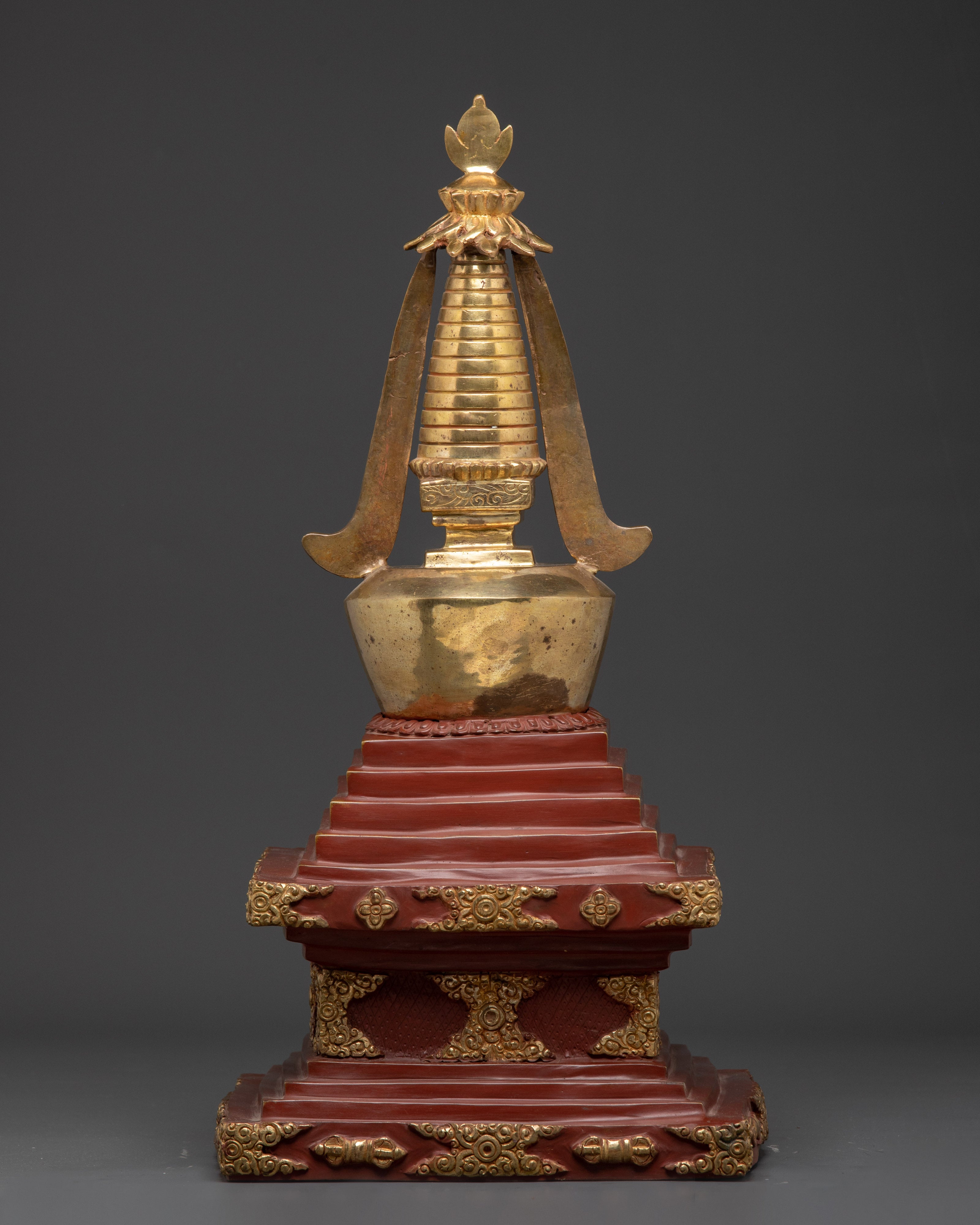 Gilded Tibetan Buddhist Stupa | Red and Gold Shrine Artifact for Temple