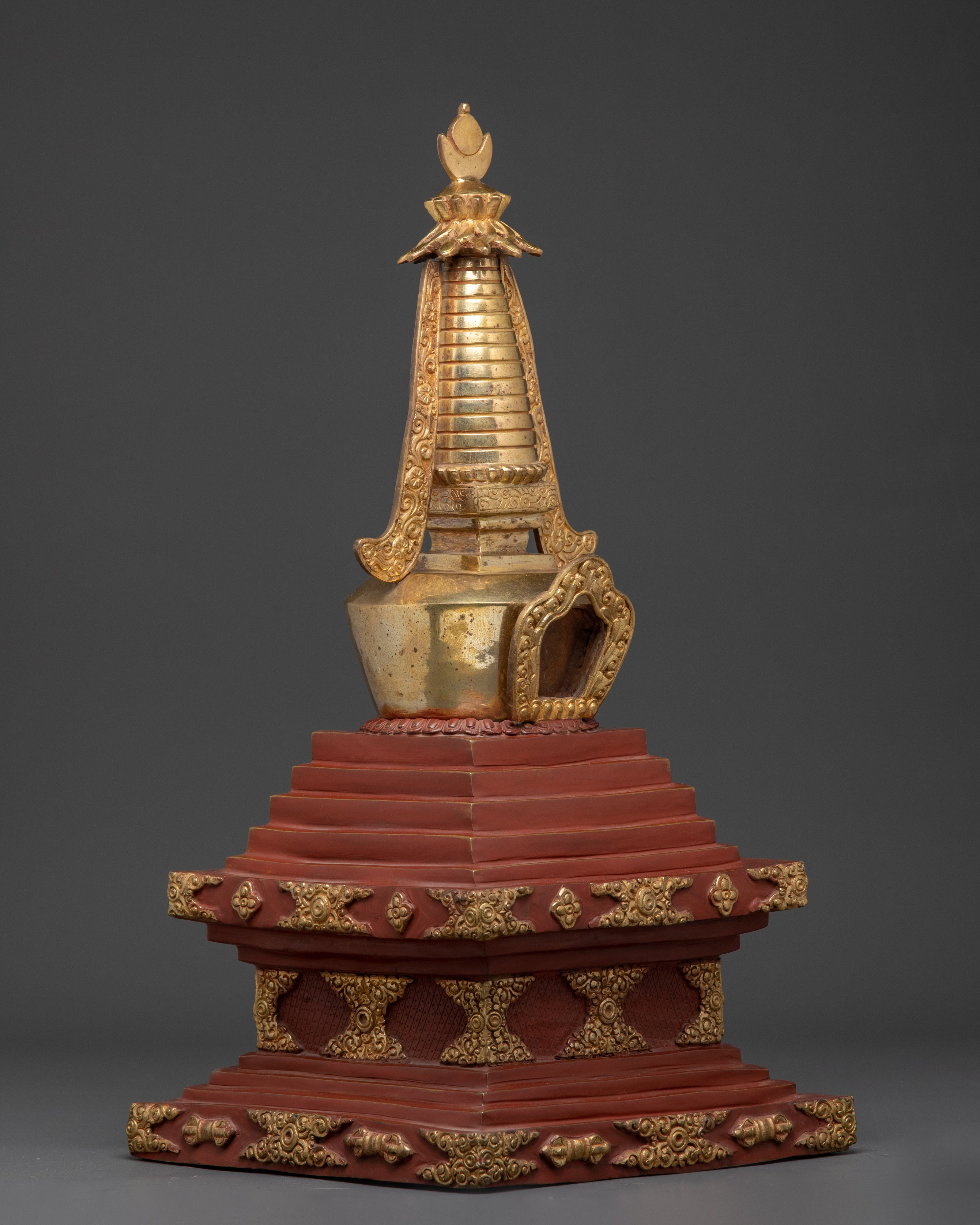 Gilded Tibetan Buddhist Stupa | Red and Gold Shrine Artifact for Temple