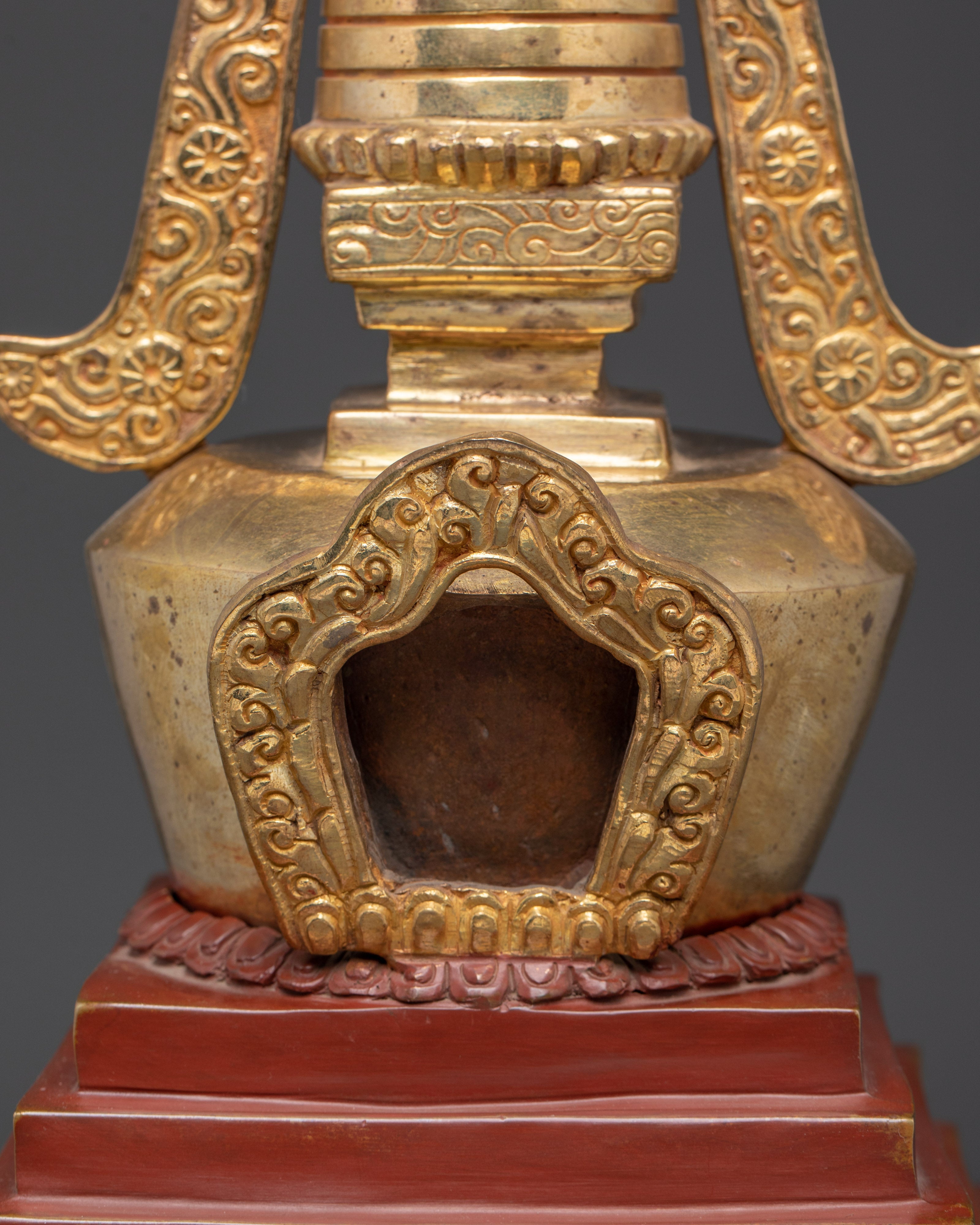 Gilded Tibetan Buddhist Stupa | Red and Gold Shrine Artifact for Temple