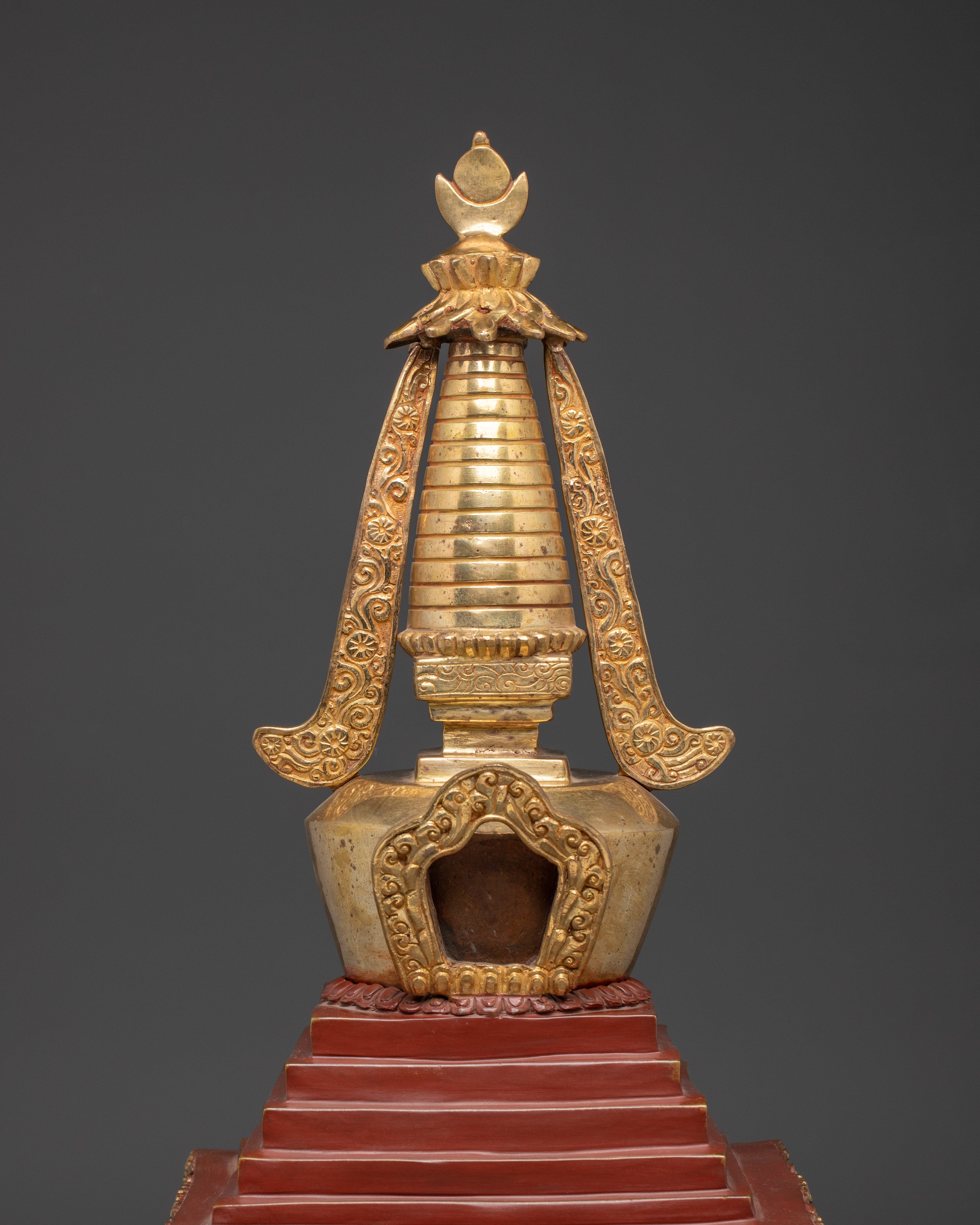 Gilded Tibetan Buddhist Stupa | Red and Gold Shrine Artifact for Temple