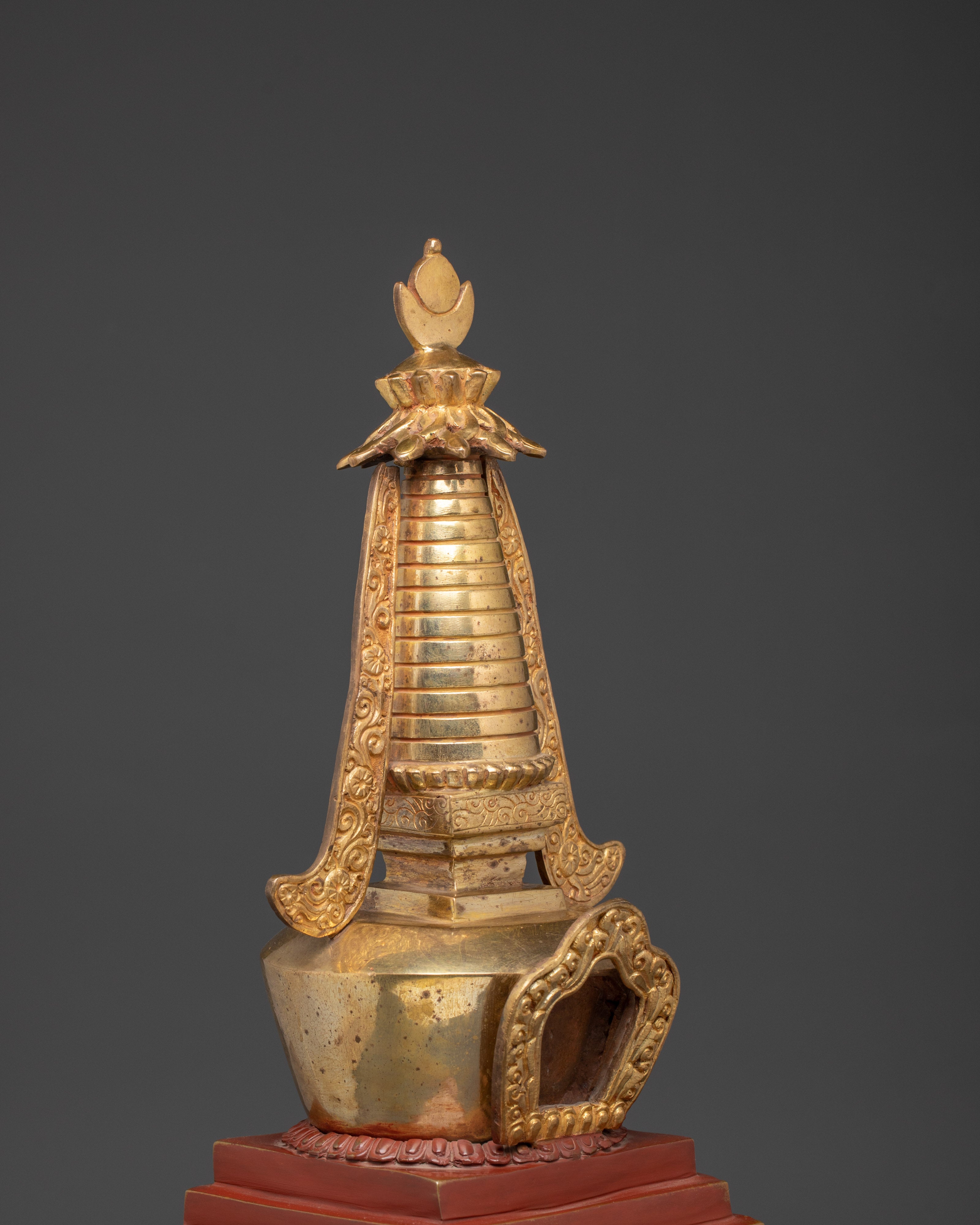 Gilded Tibetan Buddhist Stupa | Red and Gold Shrine Artifact for Temple