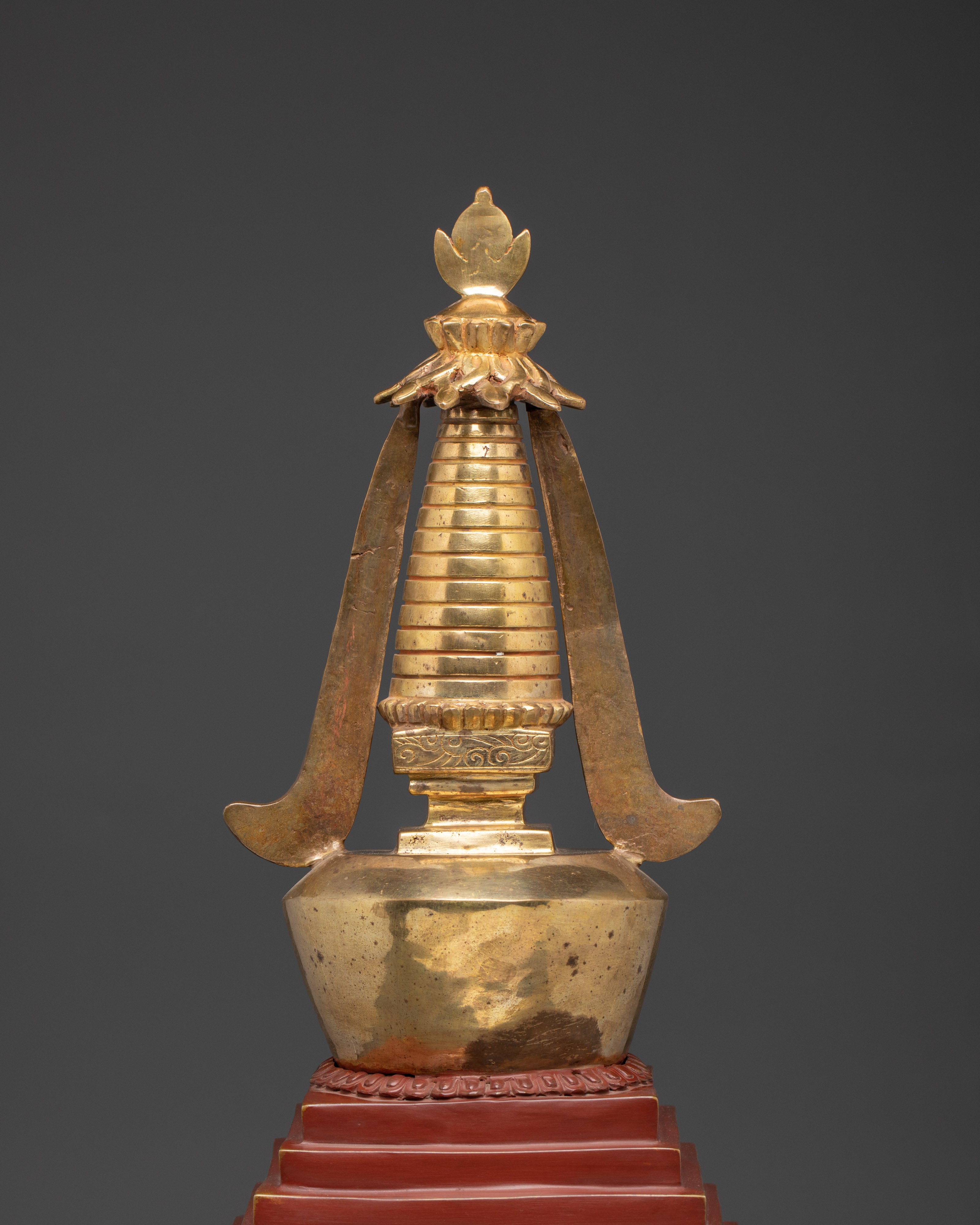 Gilded Tibetan Buddhist Stupa | Red and Gold Shrine Artifact for Temple