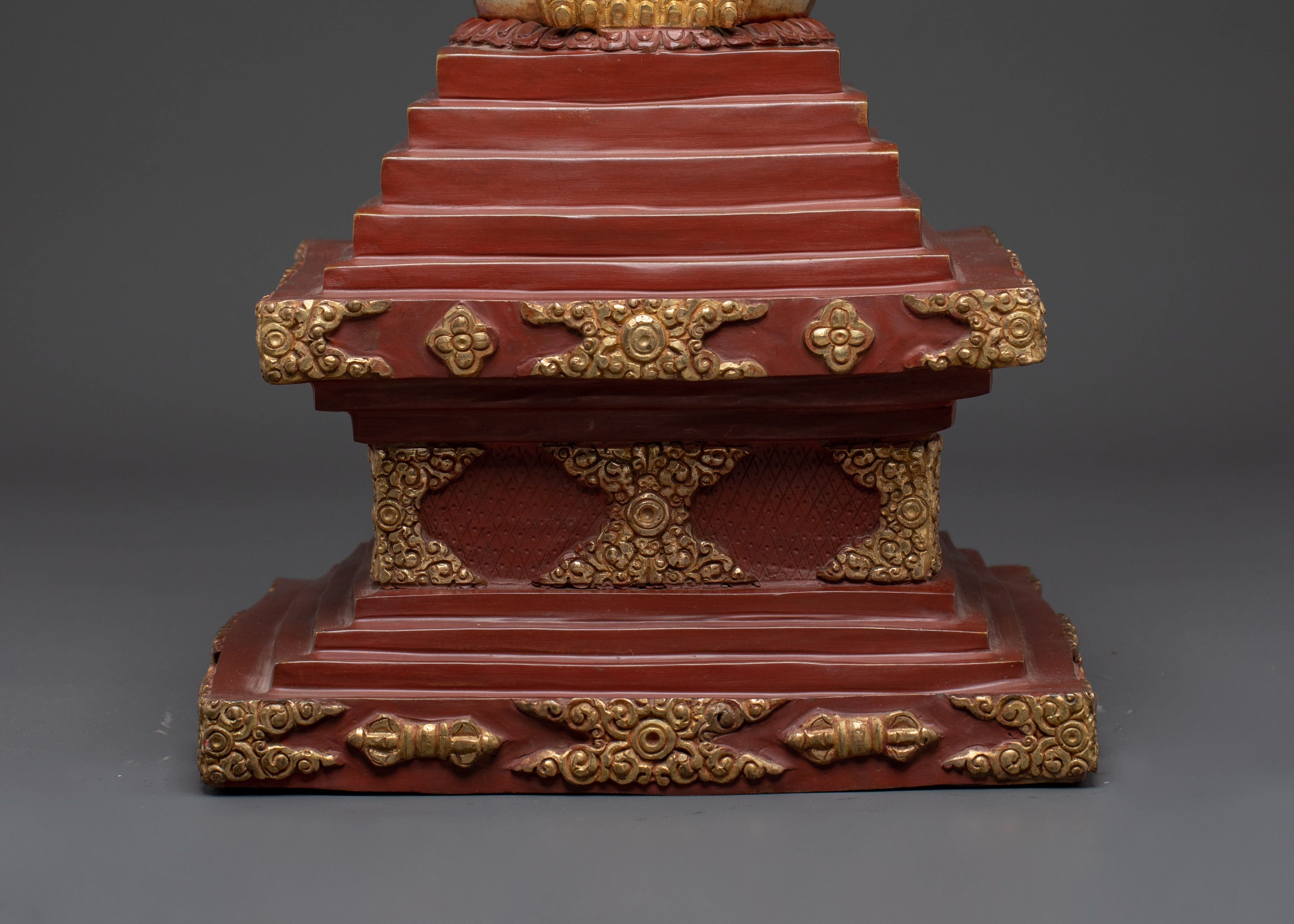 Gilded Tibetan Buddhist Stupa | Red and Gold Shrine Artifact for Temple