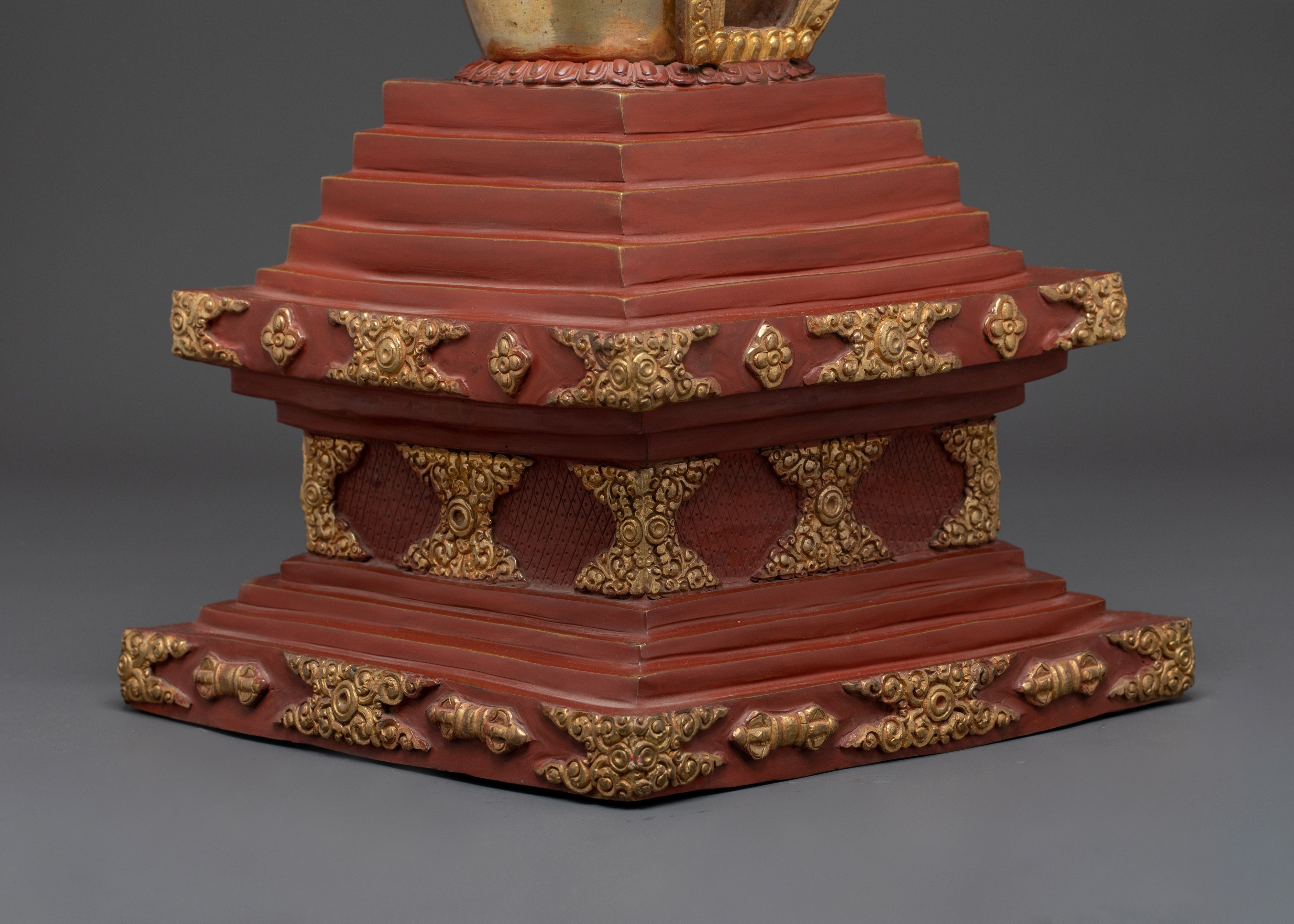 Gilded Tibetan Buddhist Stupa | Red and Gold Shrine Artifact for Temple