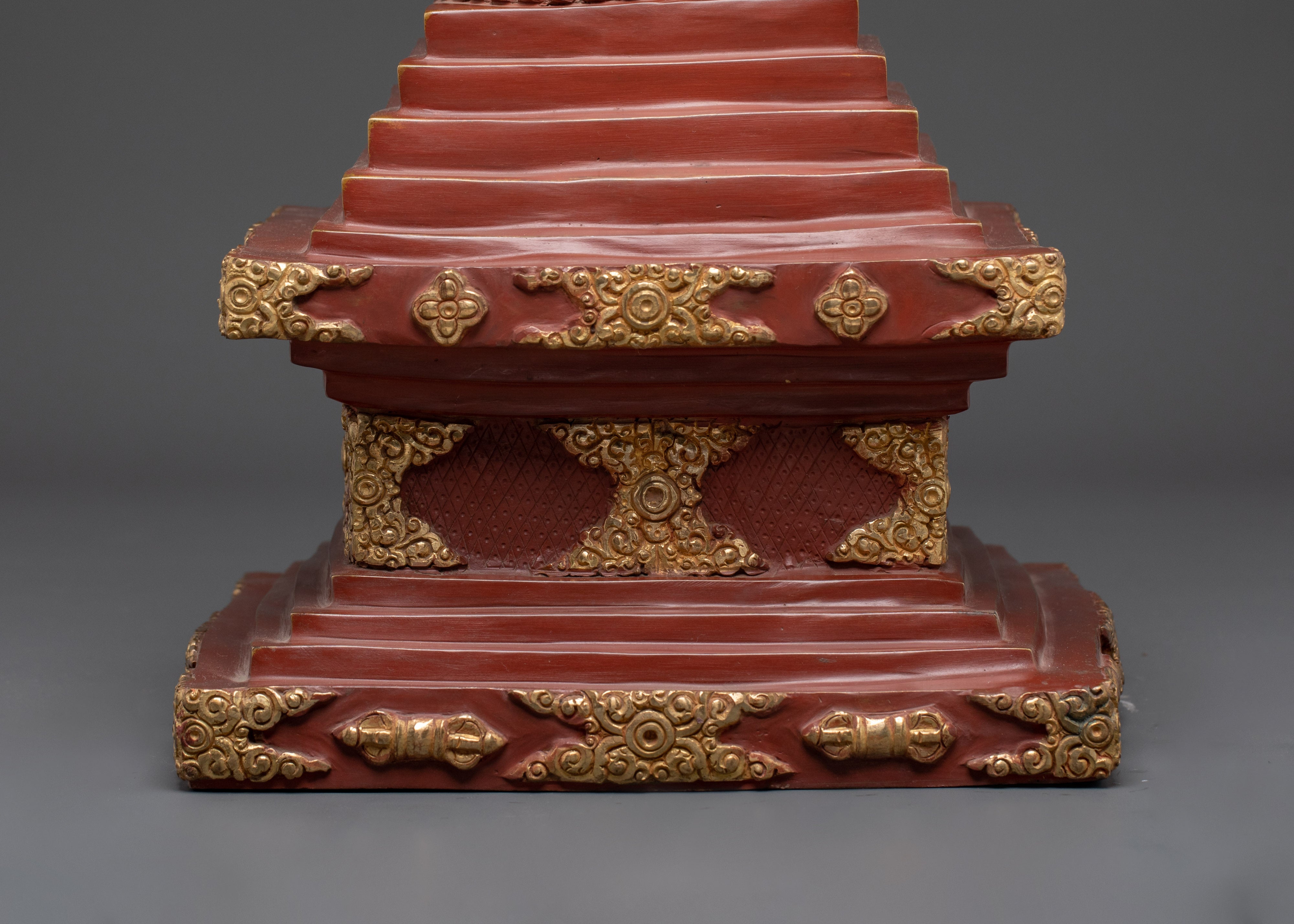 Gilded Tibetan Buddhist Stupa | Red and Gold Shrine Artifact for Temple