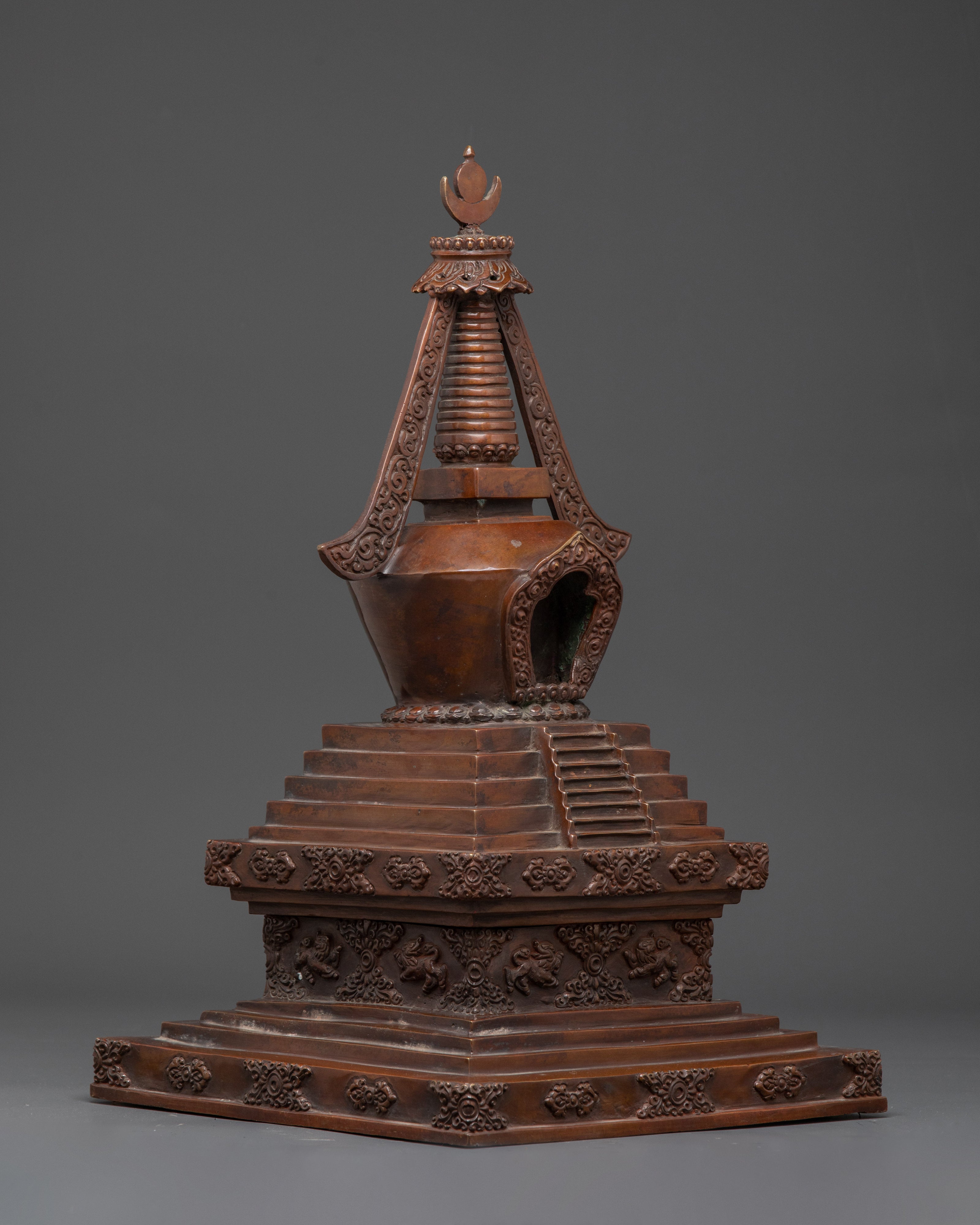 Oxidized Copper Tibetan Stupa | Handmade Buddhist Ritual Sculpture for Shrine
