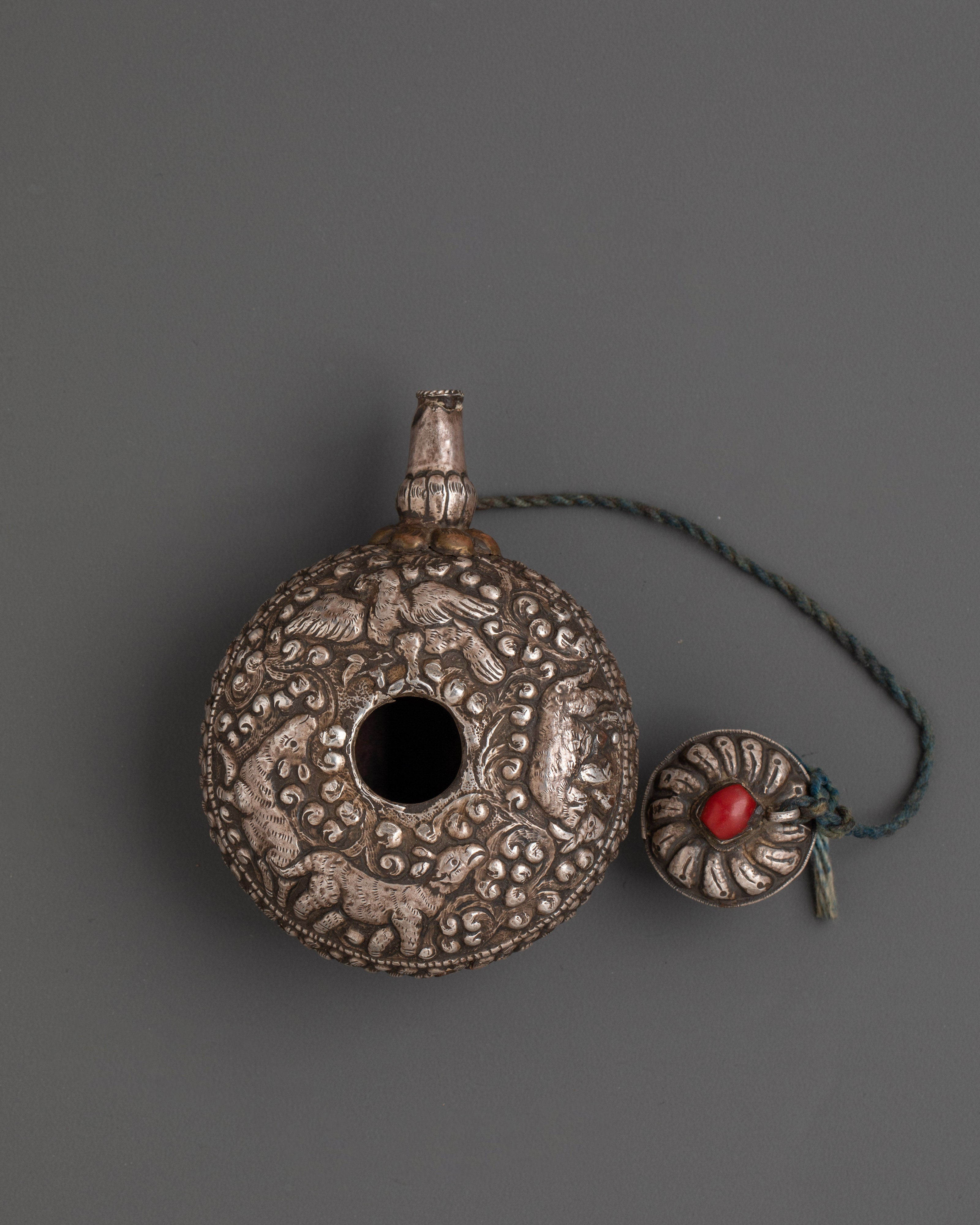Handcrafted Tibetan Silver Snuff Bottle | 92.5 Silver with Red Coral