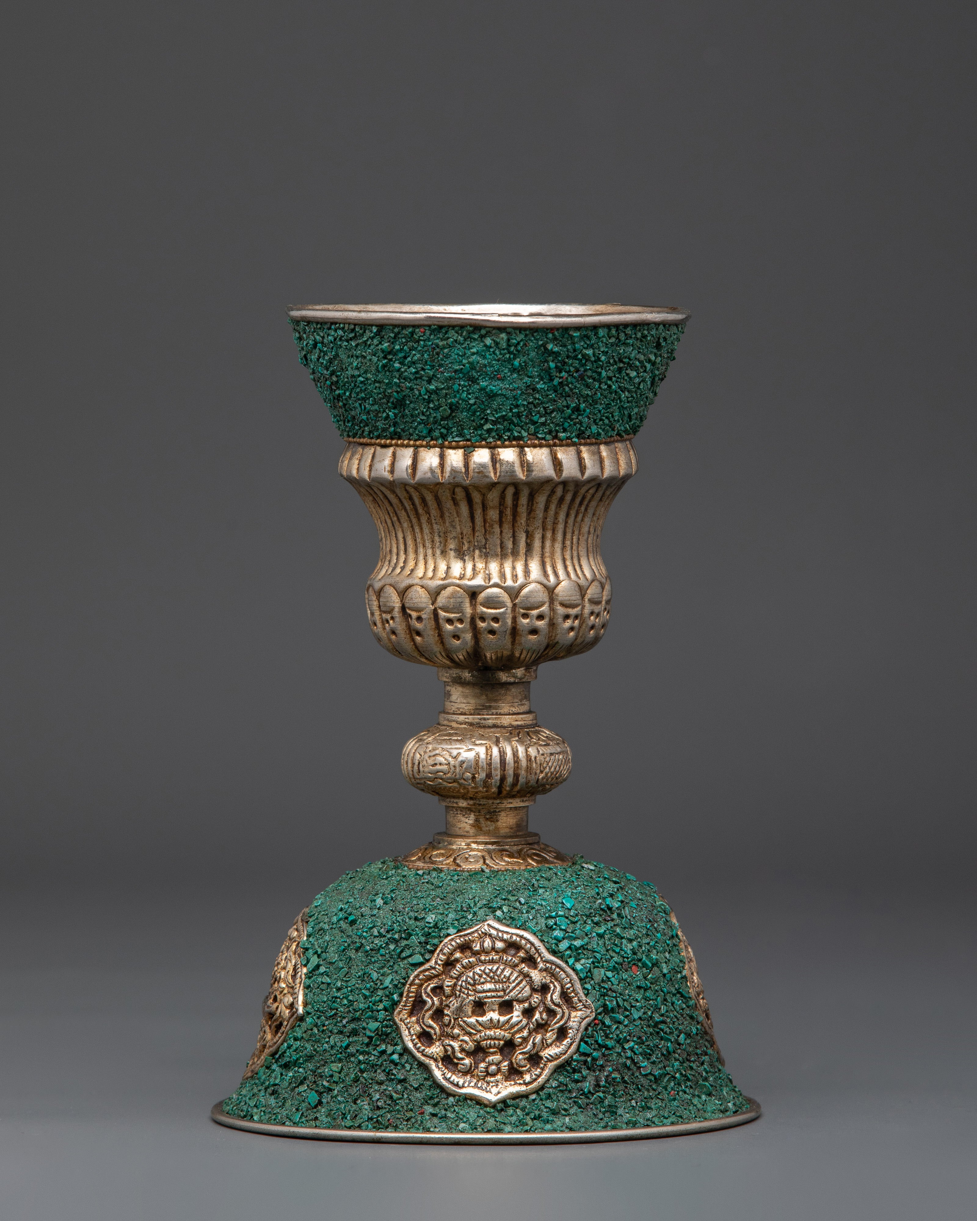 Temple Butter Lamp with Turquoise Inlay | Copper Ritual Light for Buddhist Altar